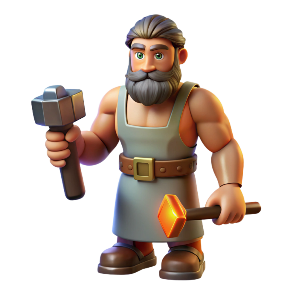 mesmerizing dreamy minimalist Hephaestus, God of the Forge, holding hammer, NO BACKGROUND with Transparent Background. high resolution png