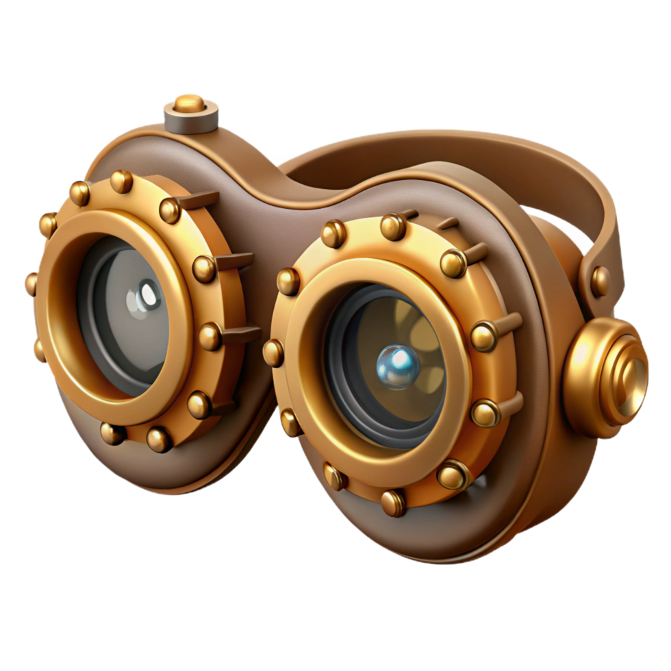 impressive timeless Steampunk goggles with intricate brass gears and leather straps. NO BACKGROUND with Transparent Background. png