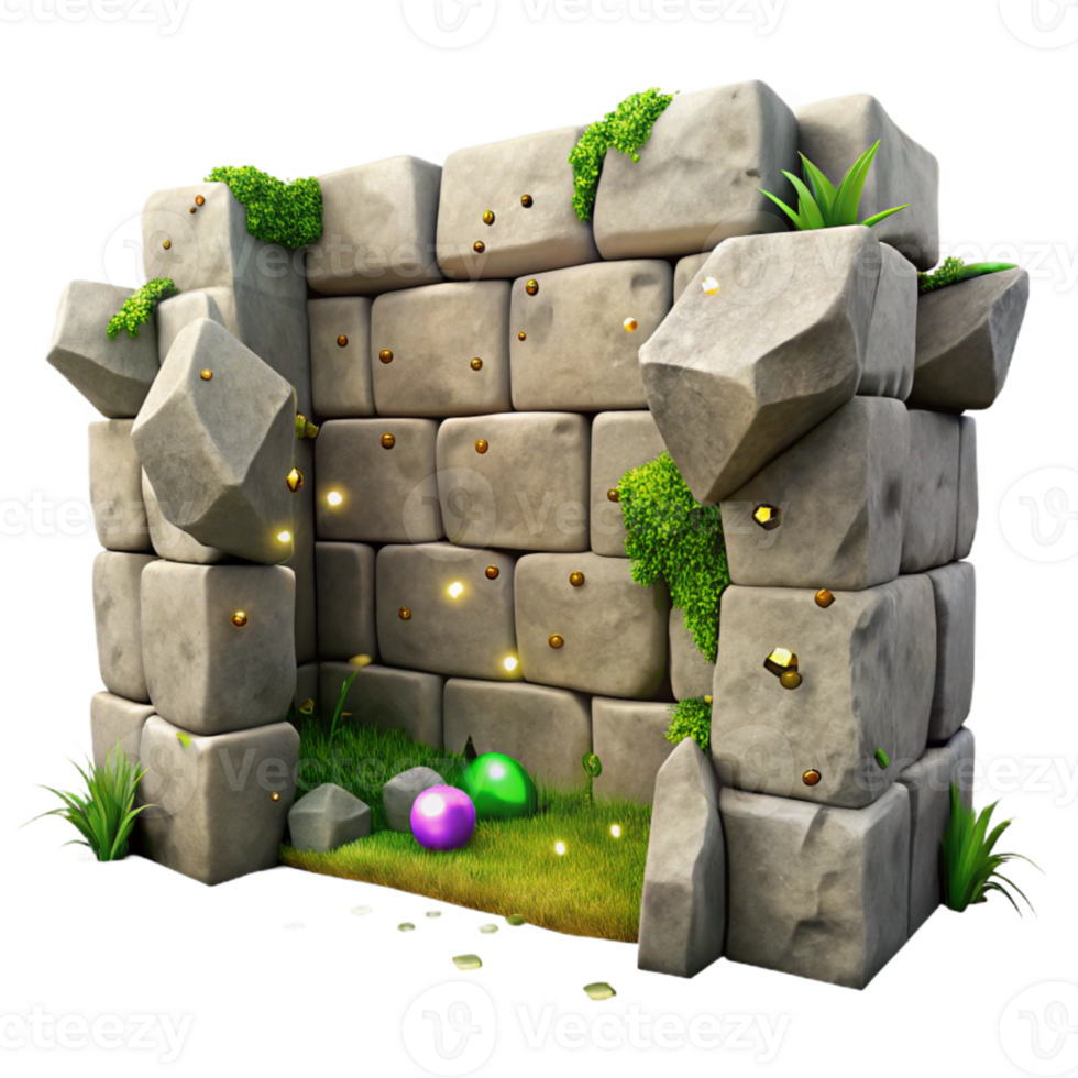 dramatic minimalist Cracked Stone Wall Cutout with Moss Growth authentic png