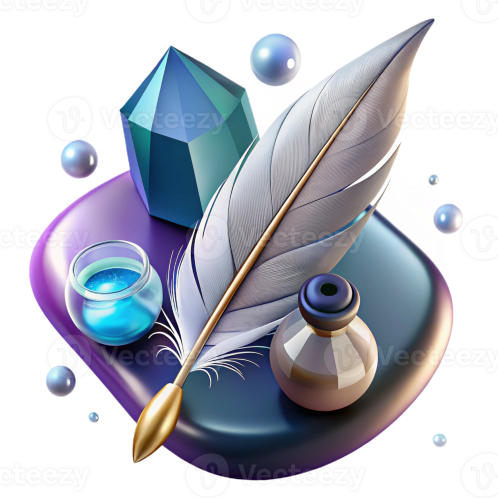 dramatic contemporary Feather Quill with Ink Drop Cutout on Transparent Background high resolution png