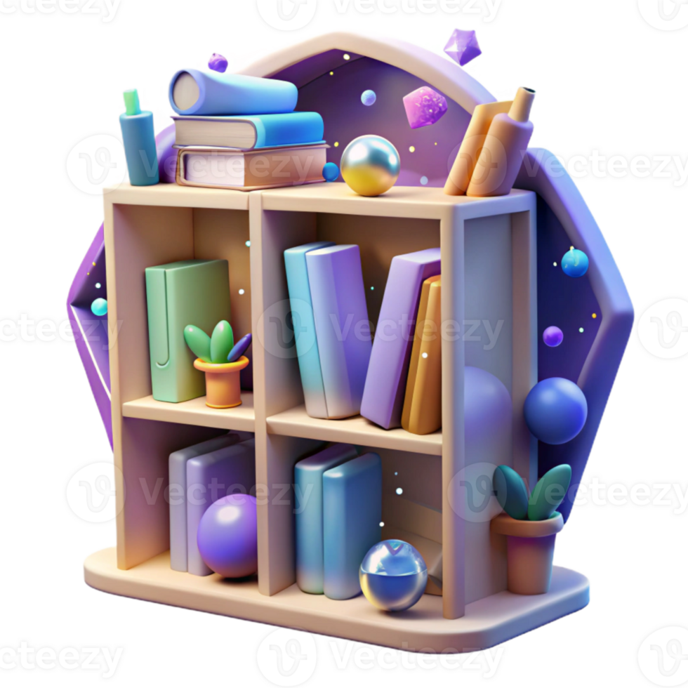 serene creative Library Bookshelf Transparent Background with Overflowing Books professional png