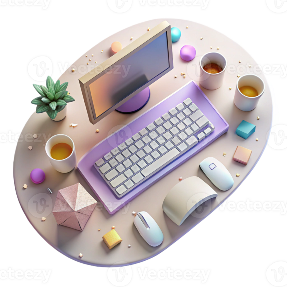 magnificent modern Office Desk with Keyboard and Mouse Top View Transparent Background authentic png