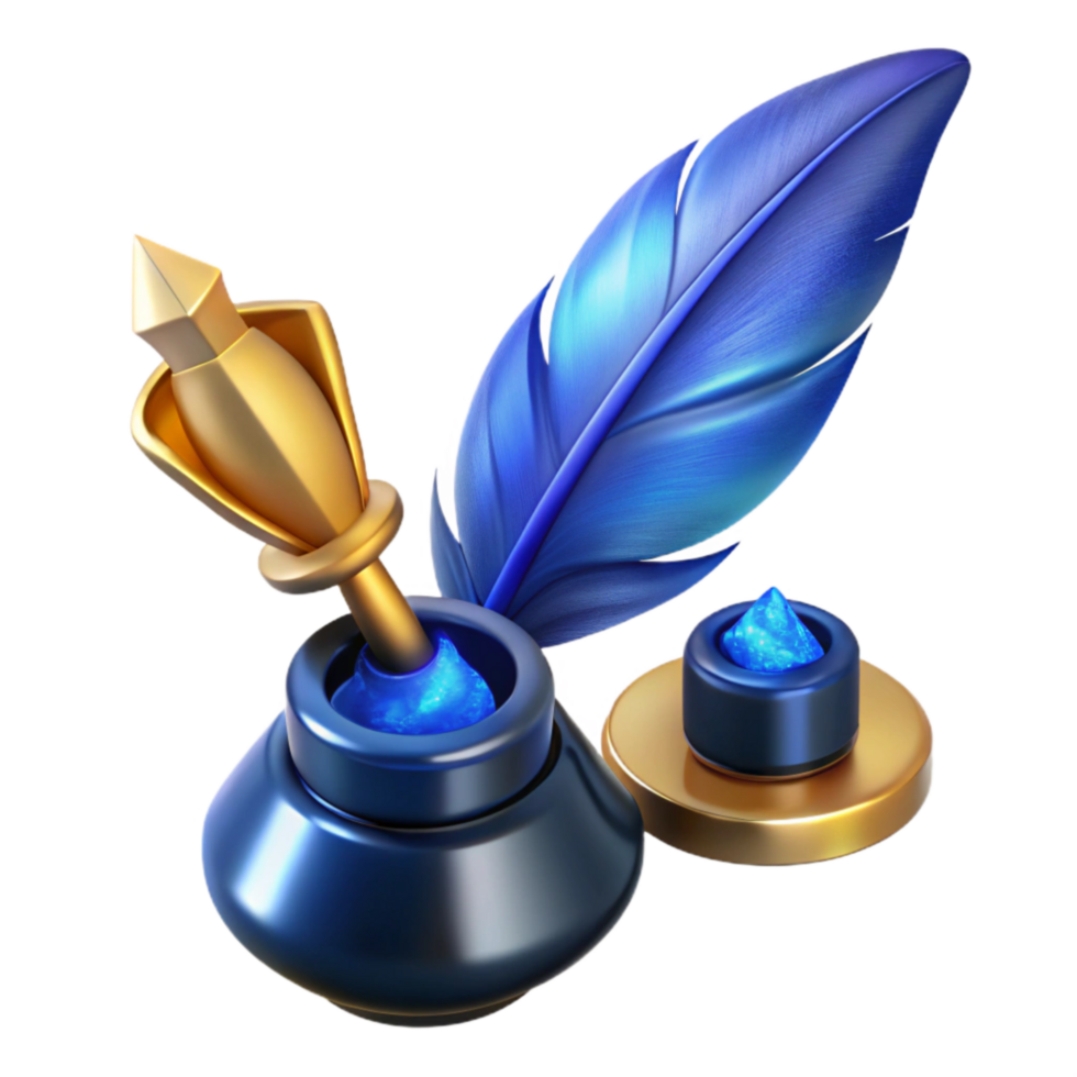stunning creative Blue Feather Pen and Inkwell Cutout premium png