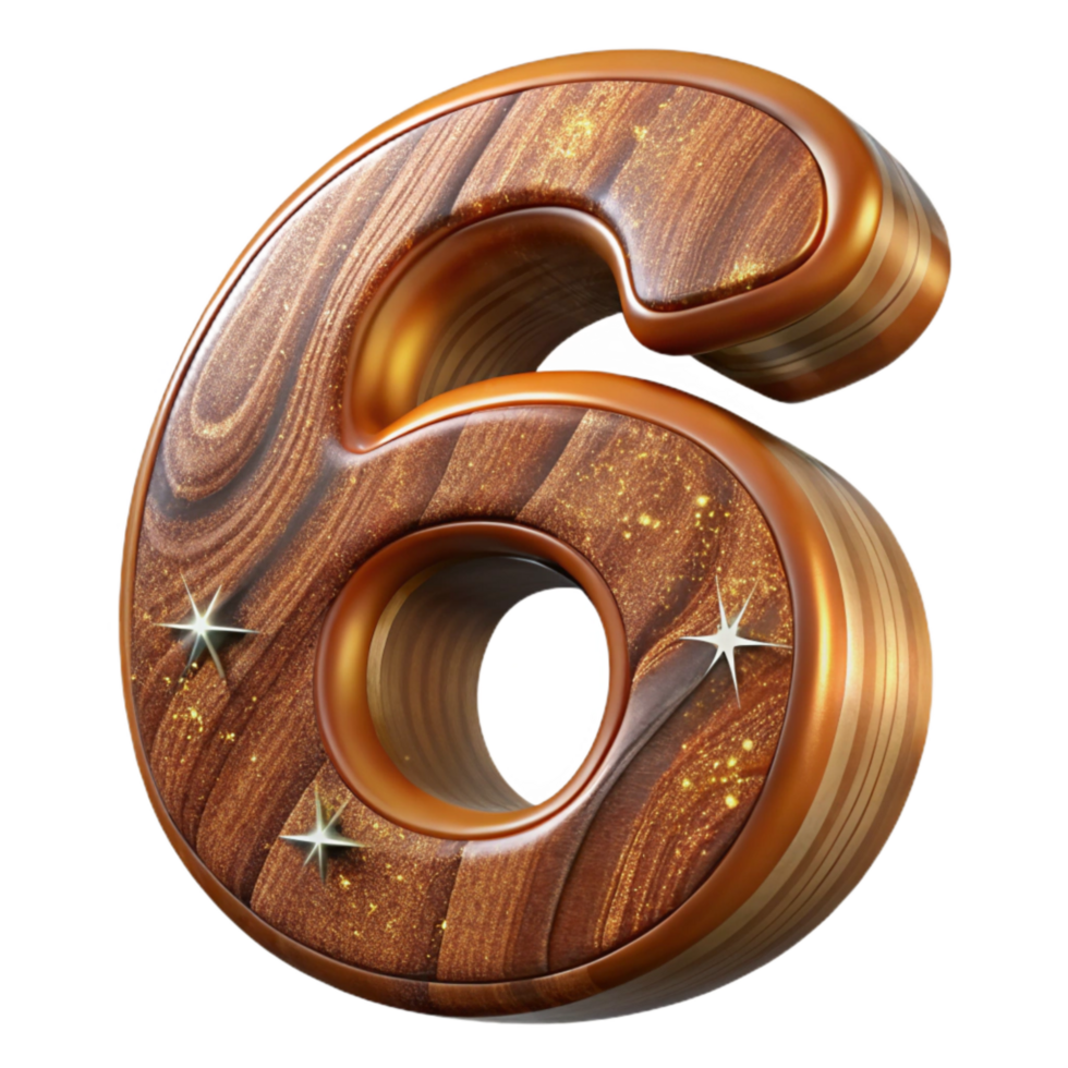 elegant abstract Brown Wood Type Number Six Cutout on Transparent Background exclusive png