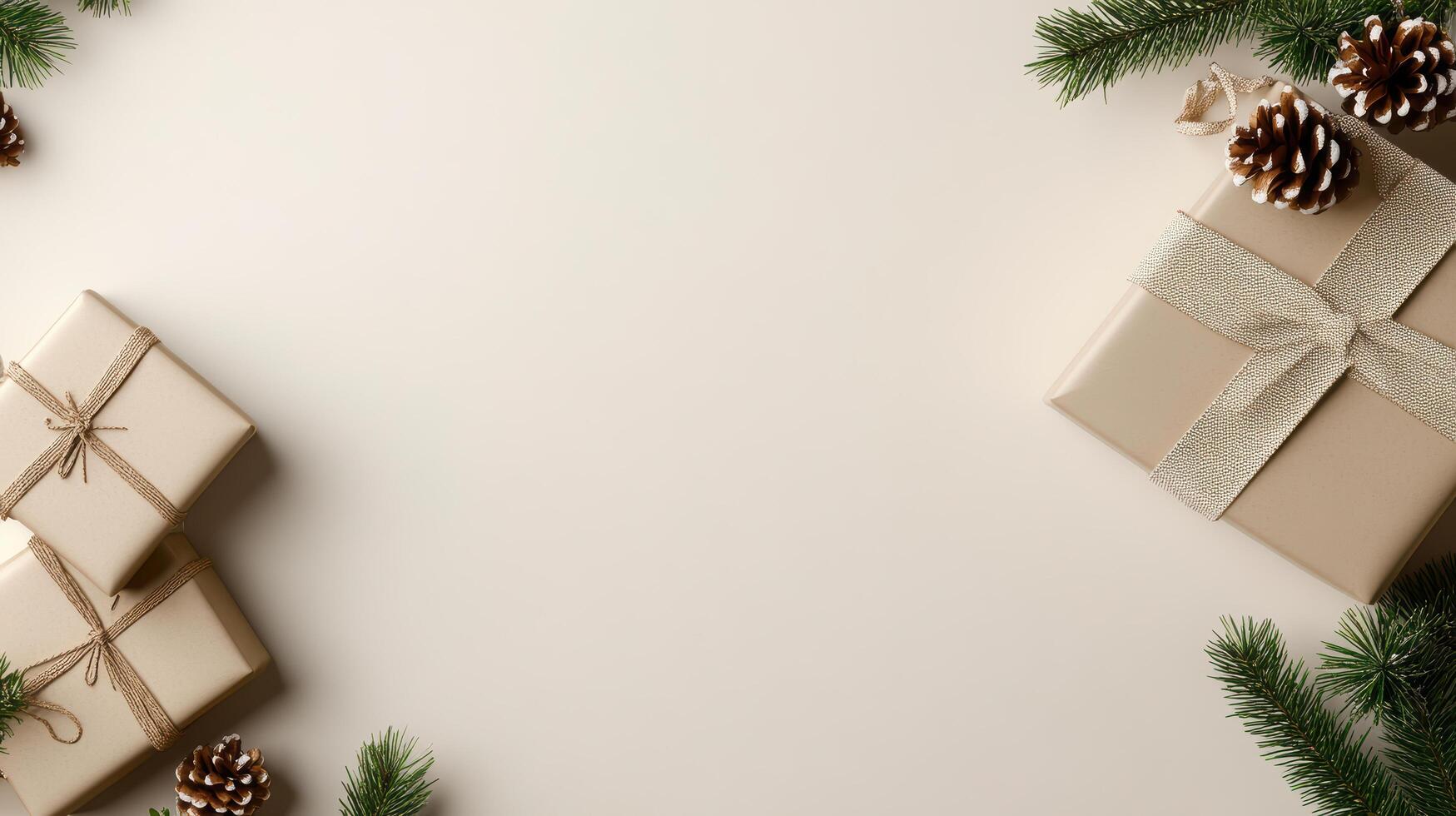 Elegant holiday gifts with pinecones and greenery on light background photo