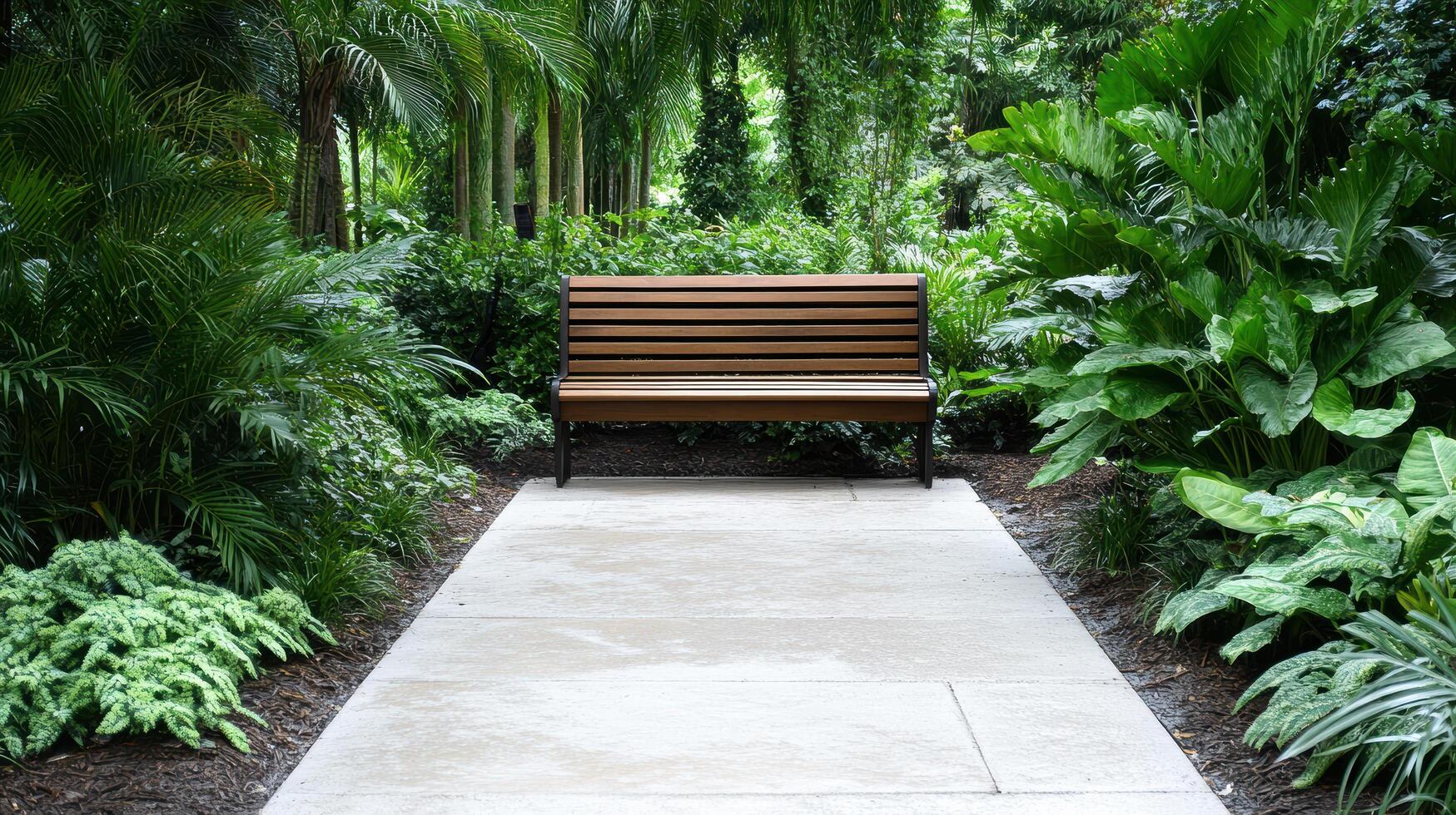 tranquil garden featuring wooden bench surrounded by lush greenery photo