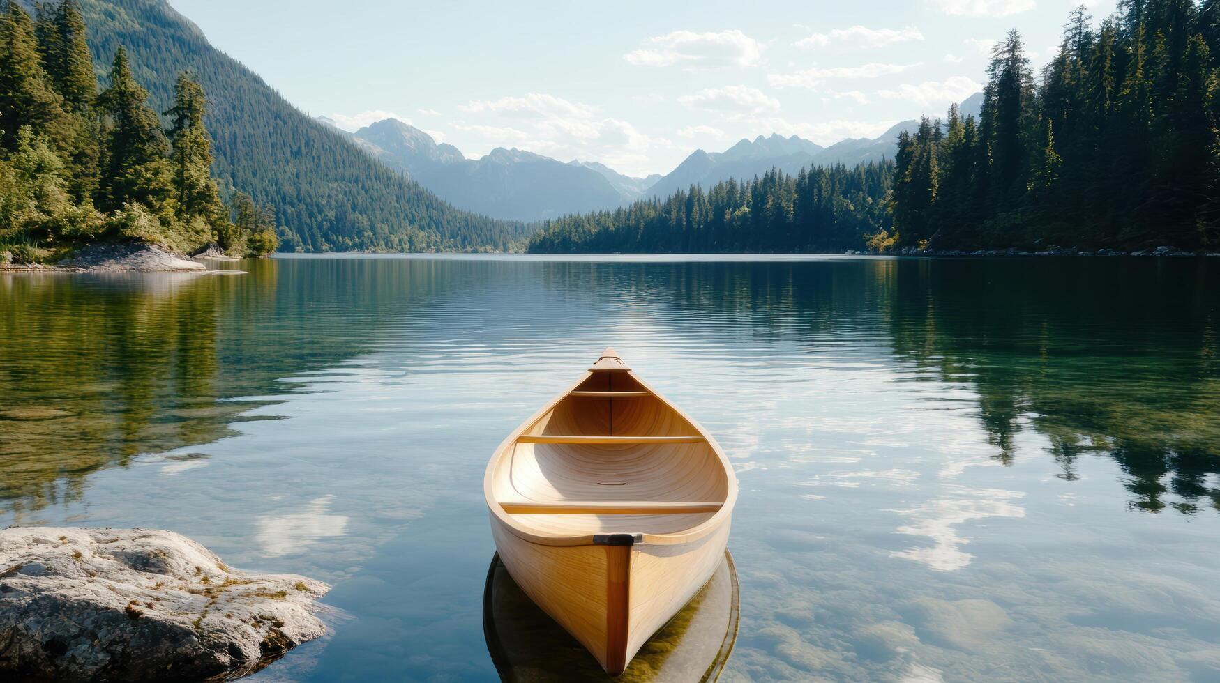 serene lake view featuring wooden canoe surrounded by lush mountains and trees photo