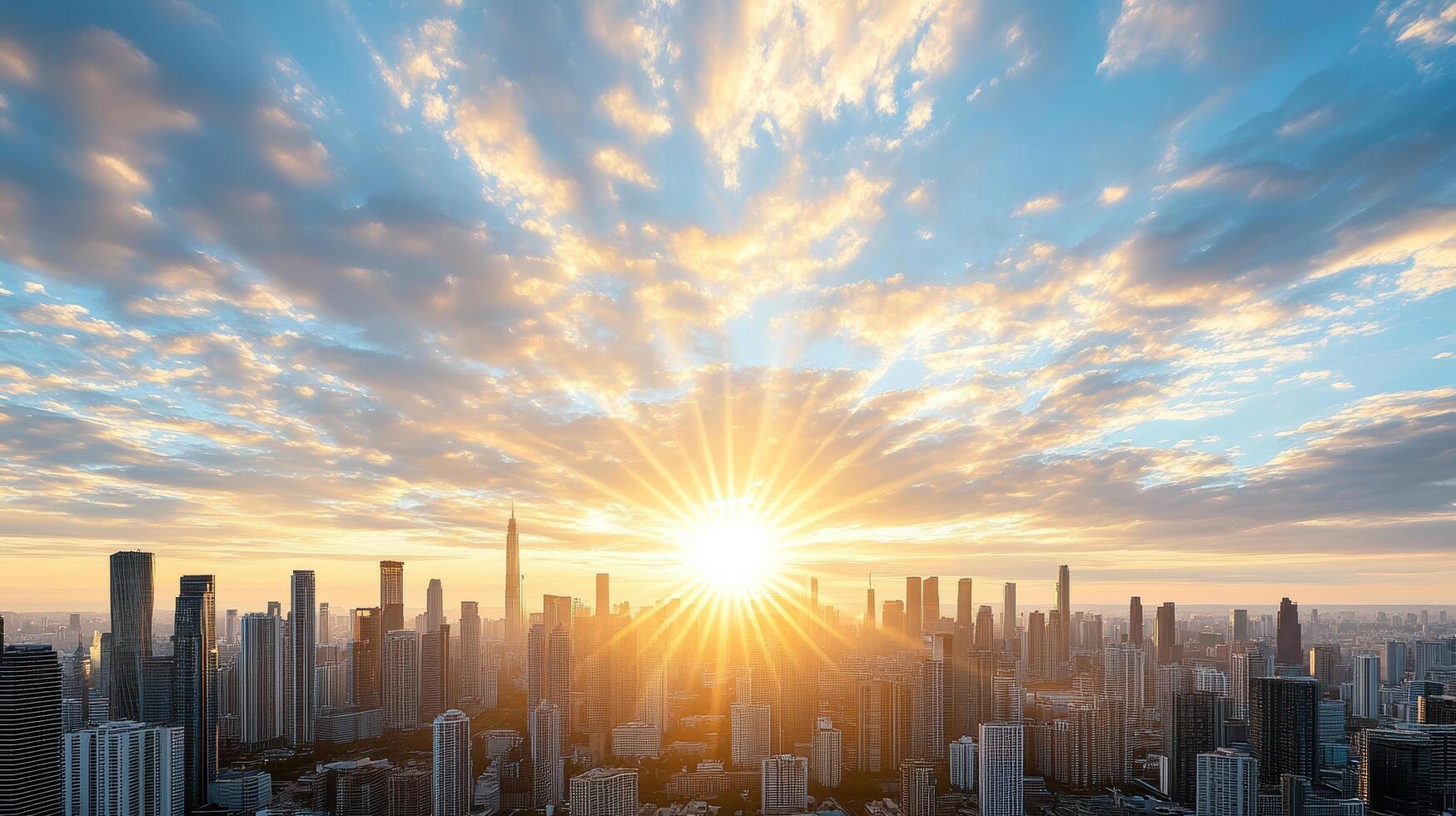 Aerial view of colorful sunset over city skyline with vibrant clouds photo