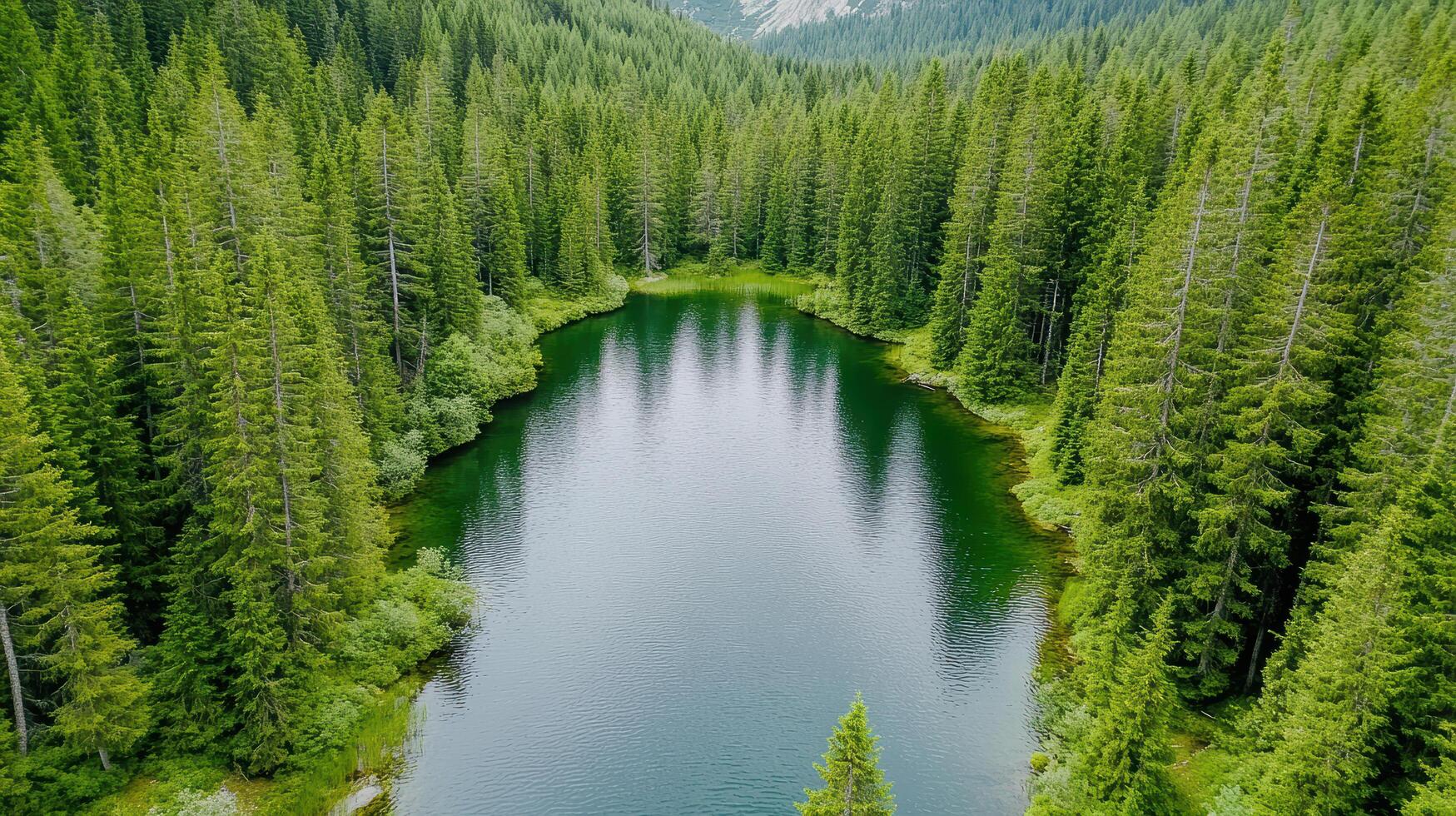 Aerial view of tranquil mountain lake surrounded by lush pine trees photo