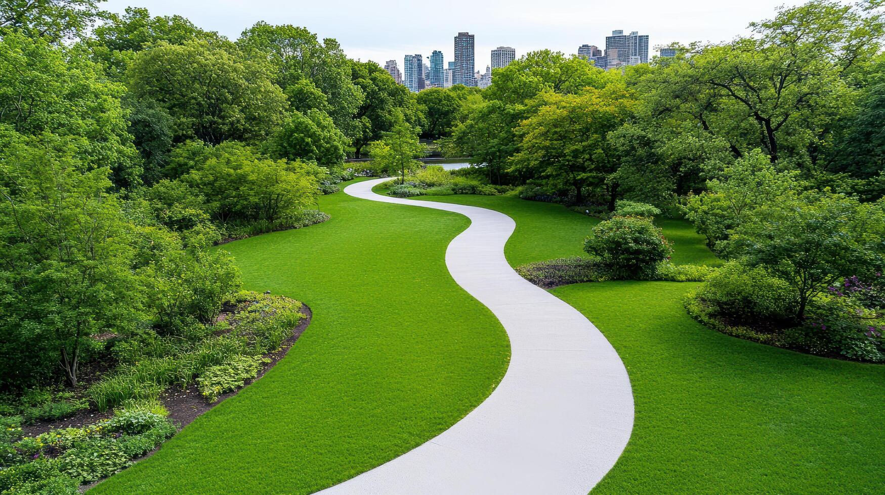 Aerial view of vibrant city park with lush greenery and winding paths photo