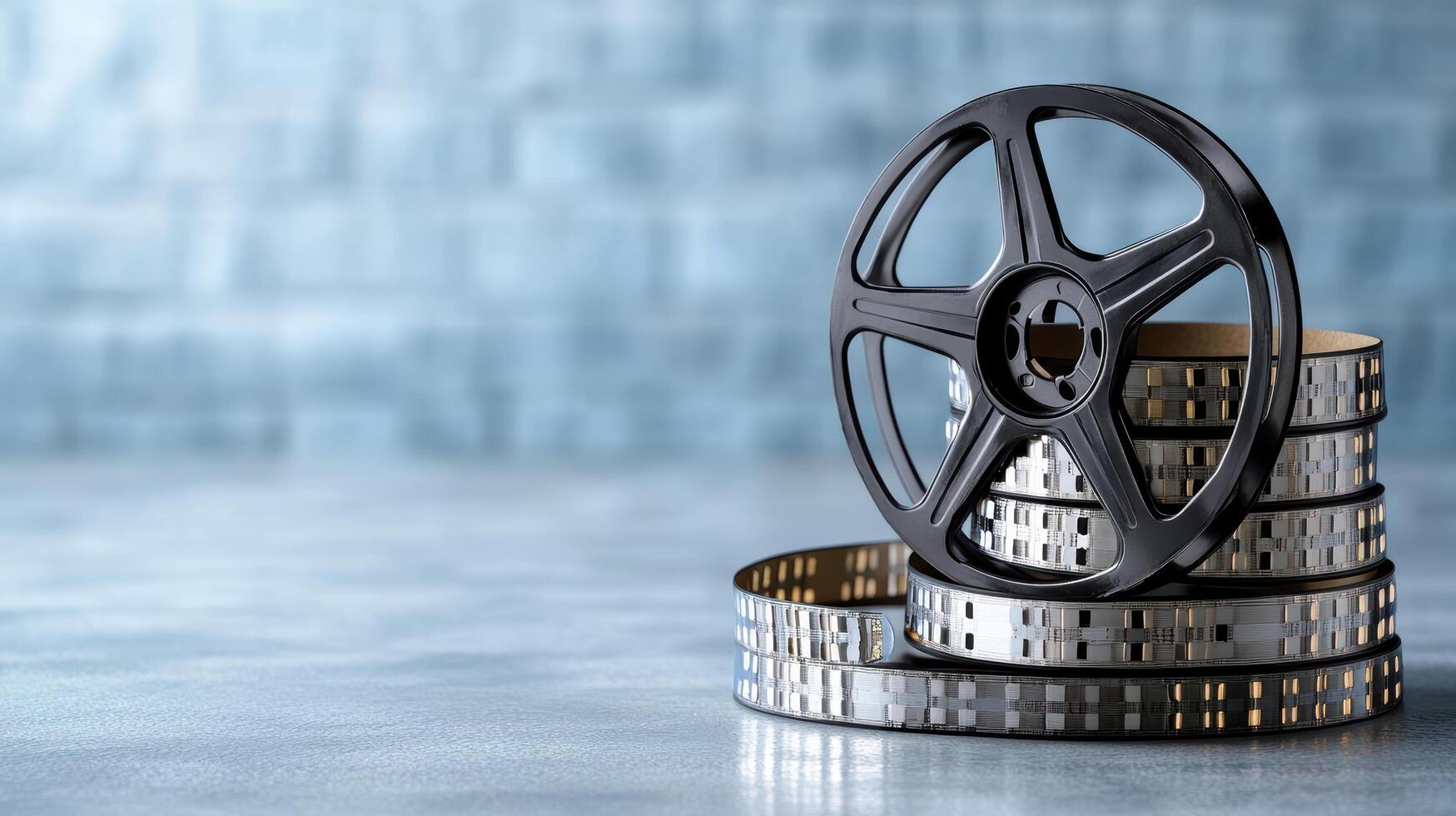 Film reel stack with cinematic theme, perfect for movie lovers photo