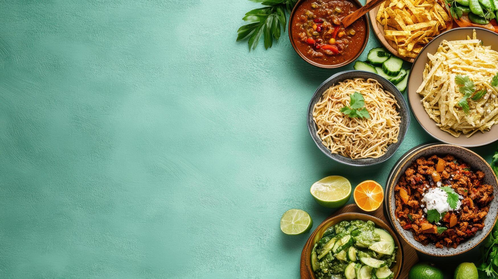 Delicious food spread featuring various dishes and fresh ingredients photo