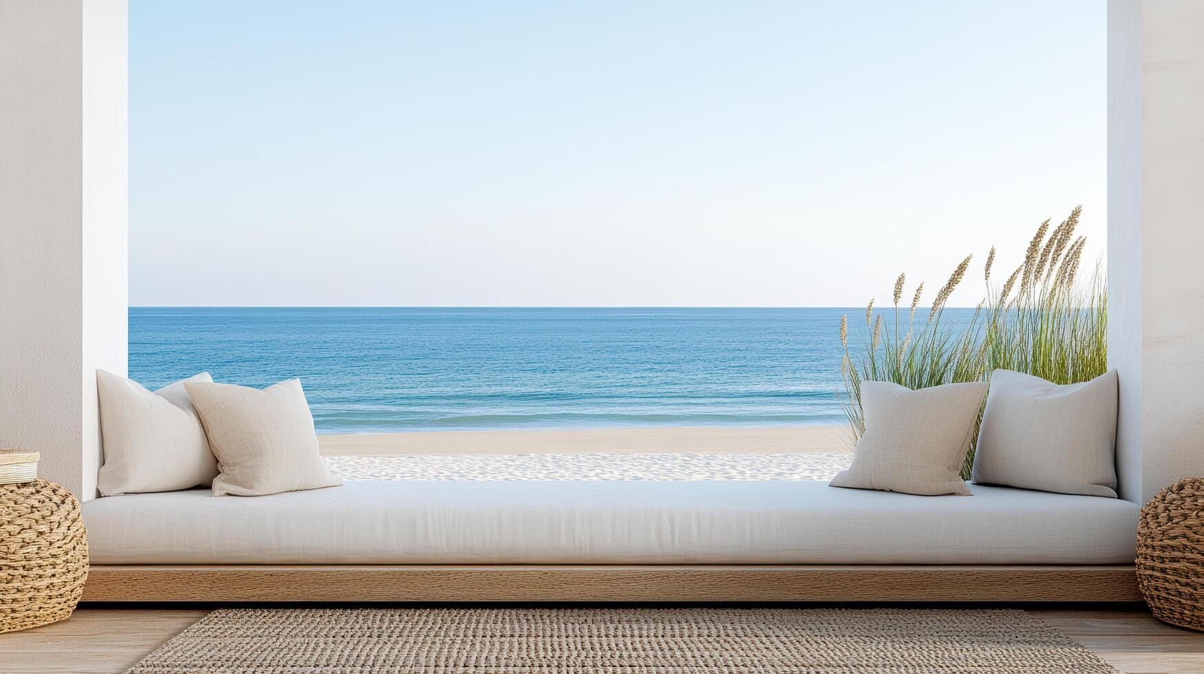 serene beach bed with soft cushions overlooking tranquil ocean view photo