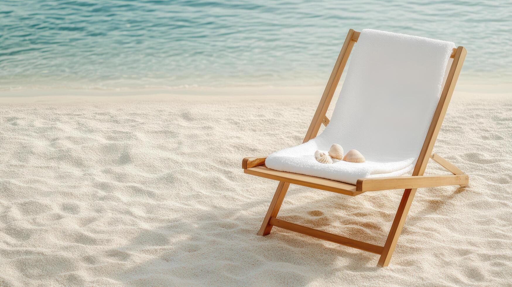 serene beach chair with towel and seashells on soft sand photo