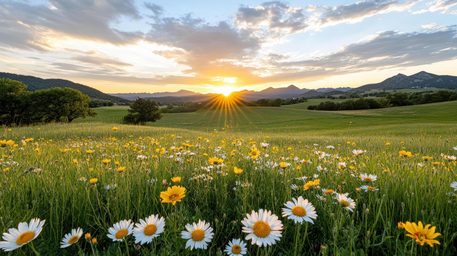 vibrant sunset over field of wildflowers, creating serene atmosphere photo
