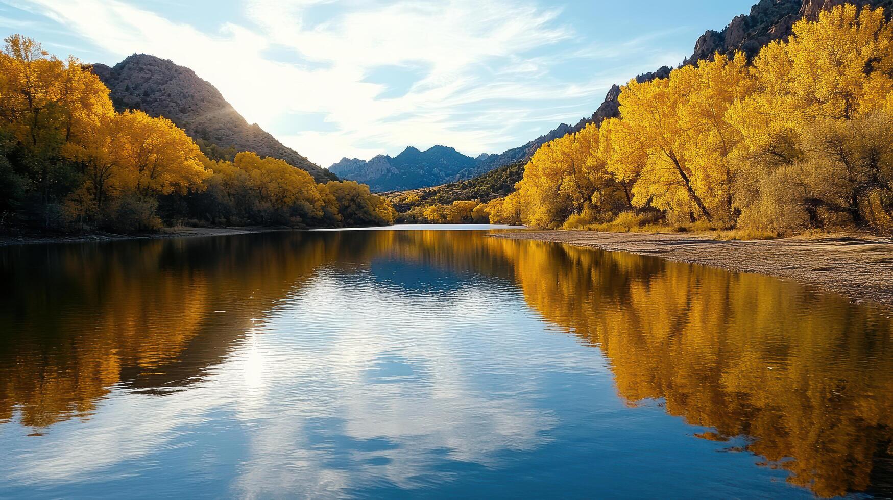 A river in the mountains with yellow trees photo