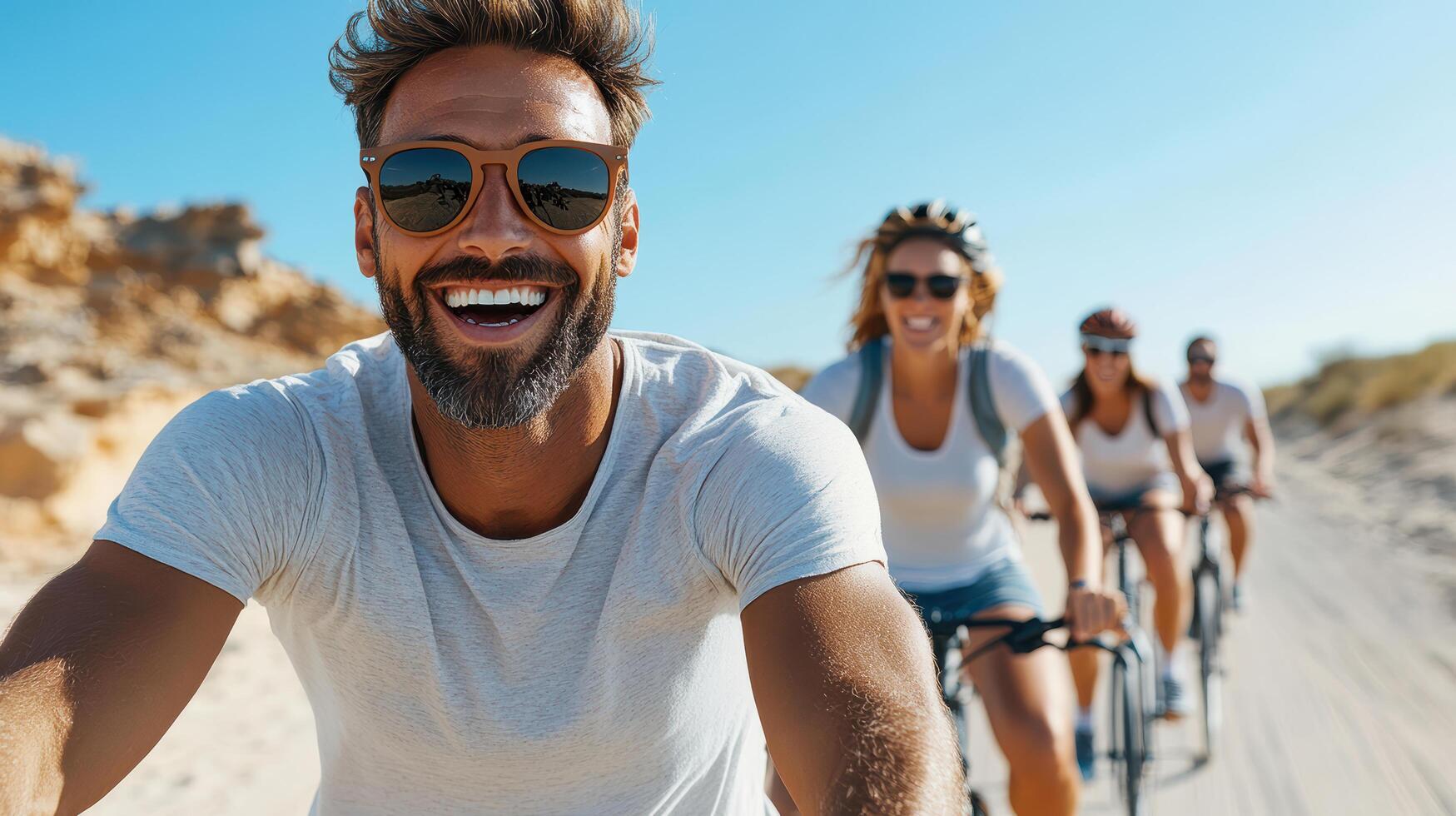 A group of people riding bicycles on a beach photo