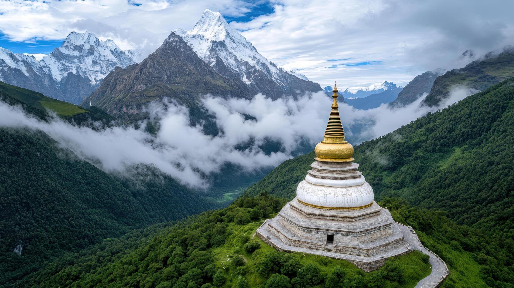 A pagoda sits on top of a mountain with clouds in the background photo