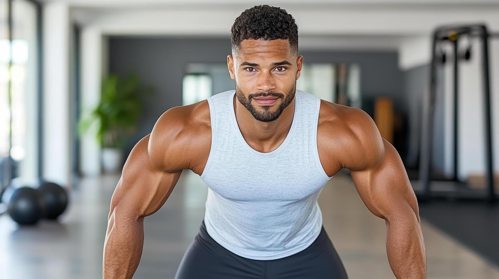 A man in a gym doing squats photo