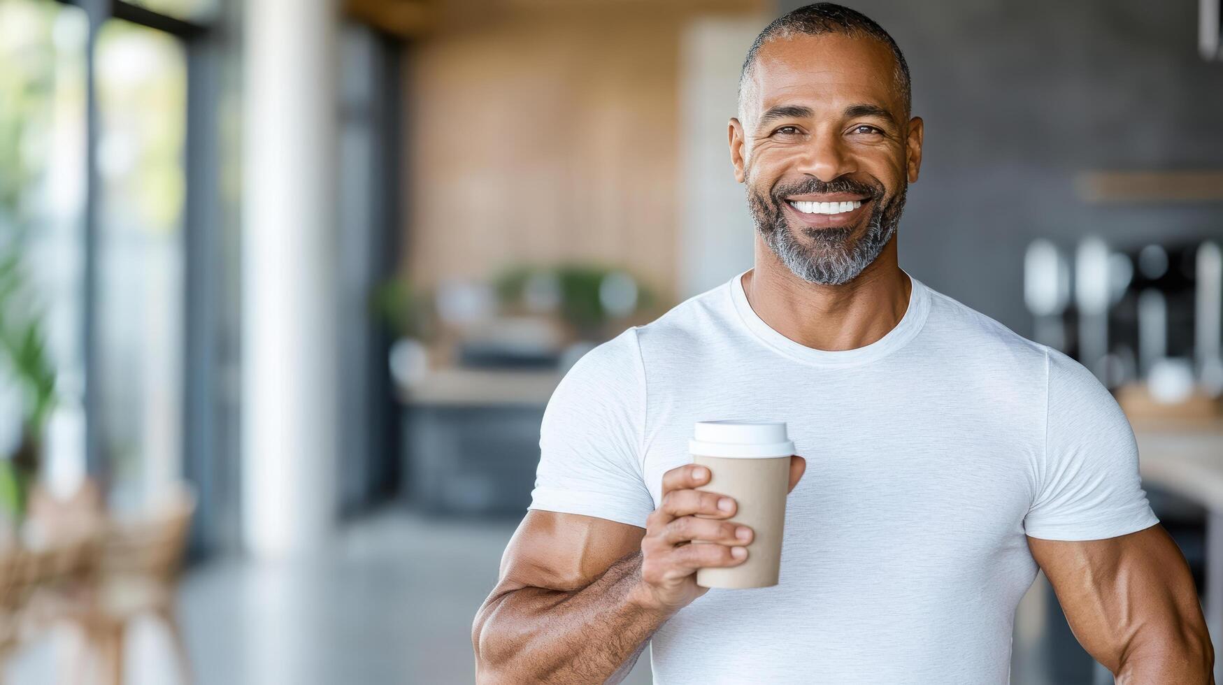 A man with a beard holding a coffee cup photo