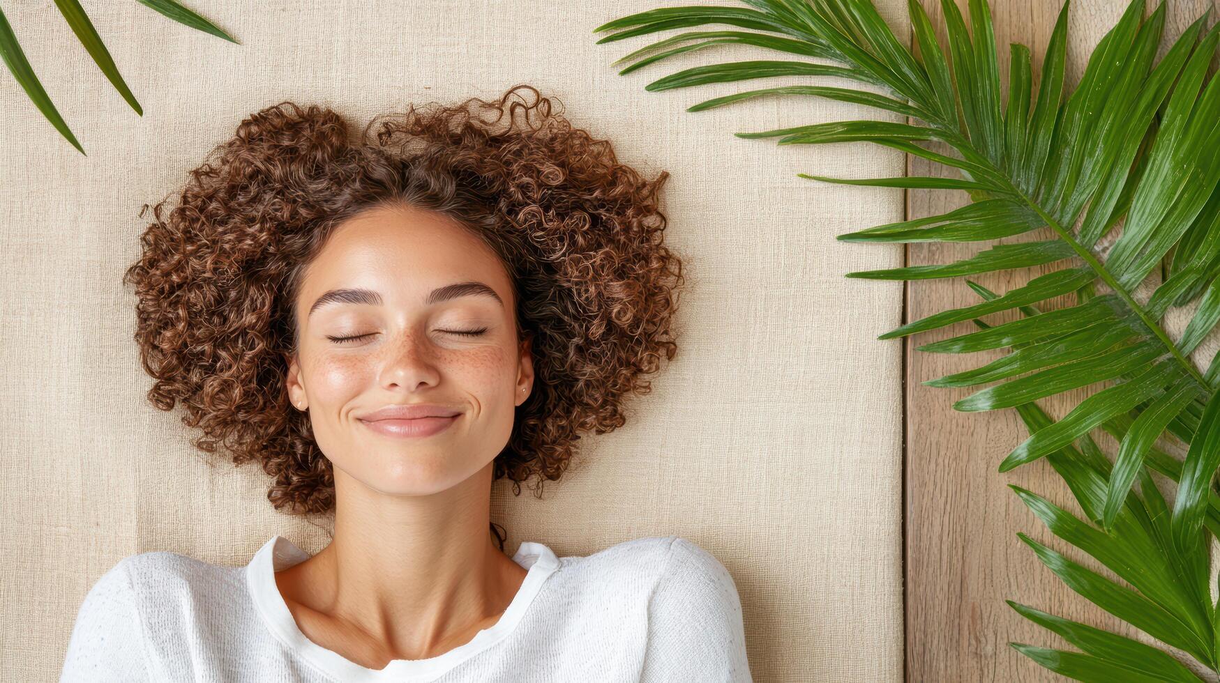 A woman with curly hair is smiling while laying on a towel photo