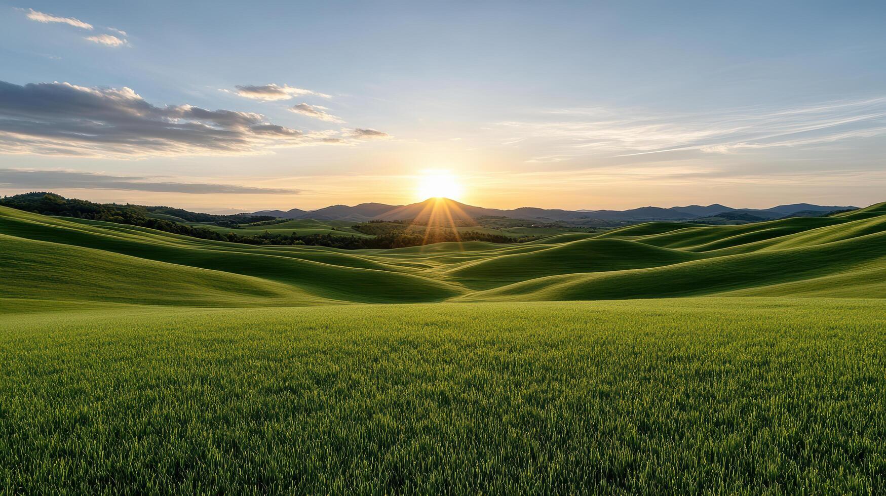 A green field with hills and a sunset photo