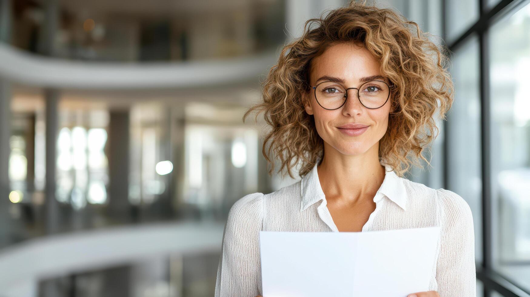 A woman with glasses holding a piece of paper photo