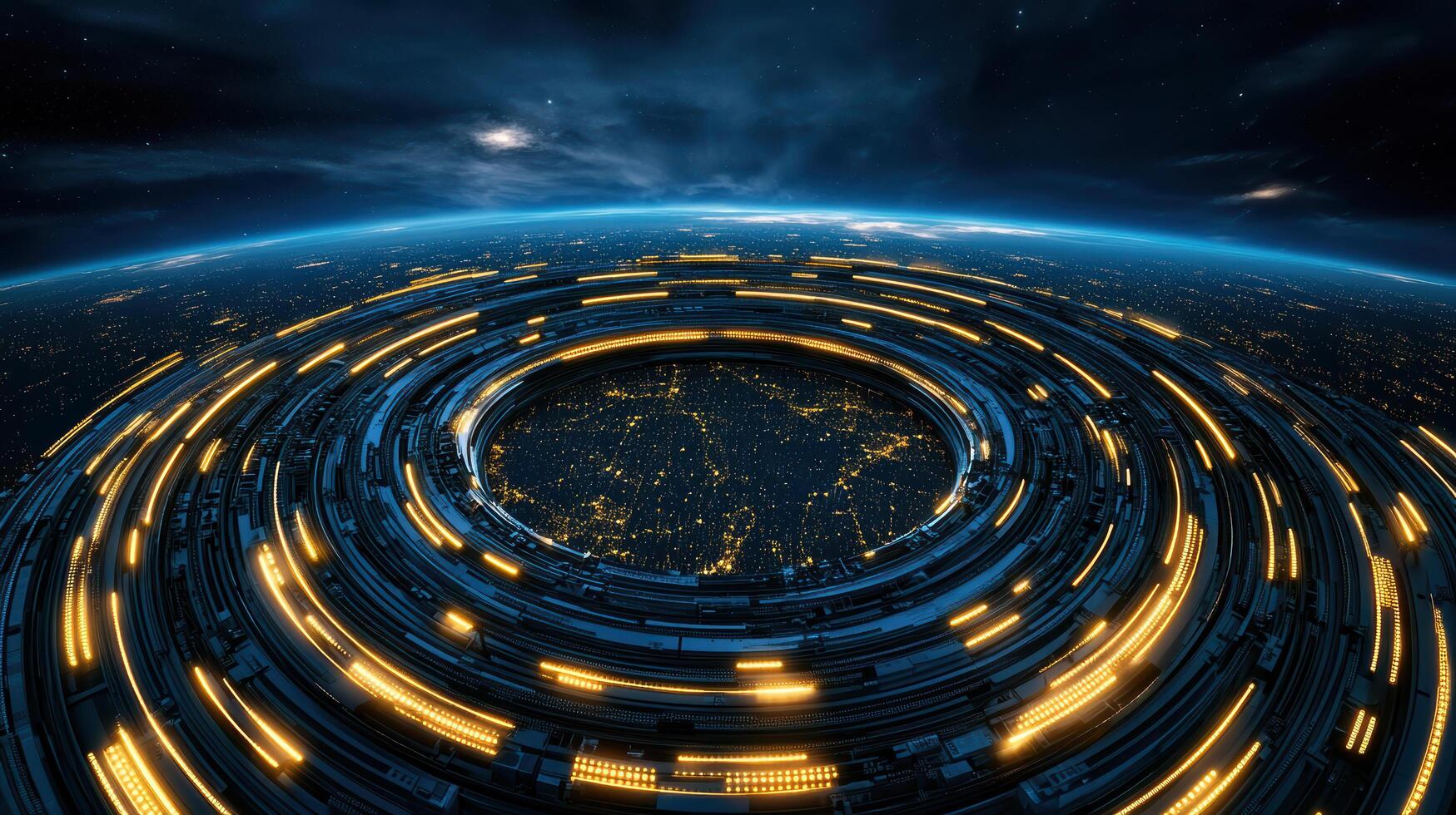 A futuristic earth with a circular structure in the background photo