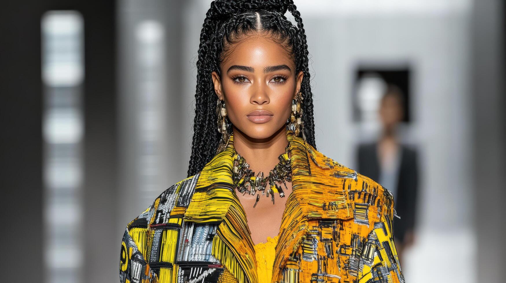 A model walks down the runway wearing a yellow and black jacket photo