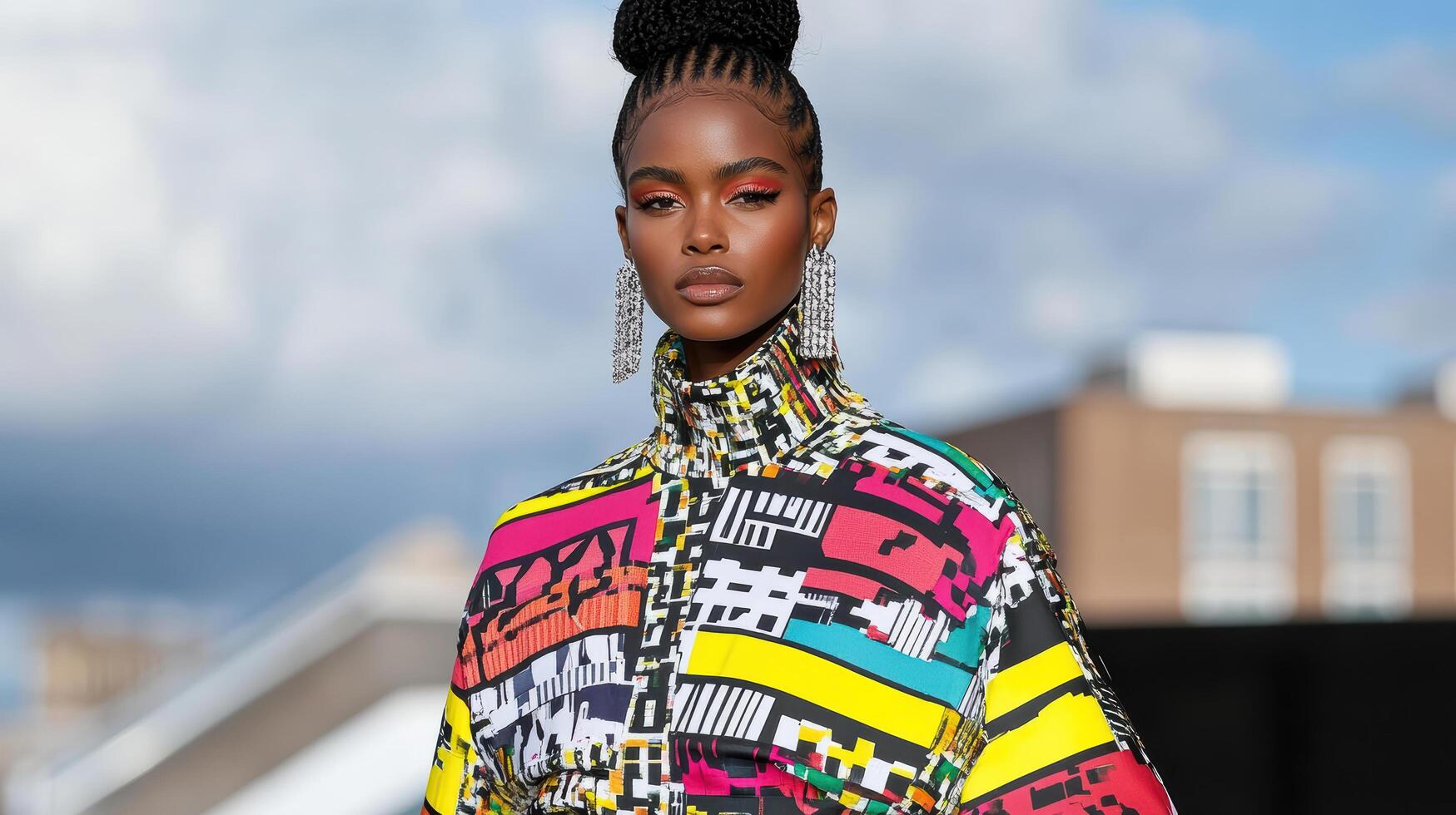 A model wears a colorful shirt and earrings photo