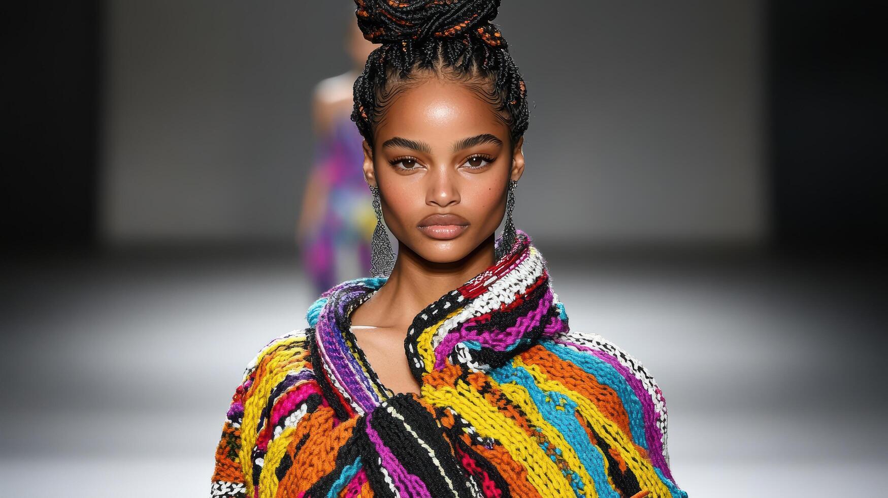 A model walks down the runway wearing a colorful sweater photo