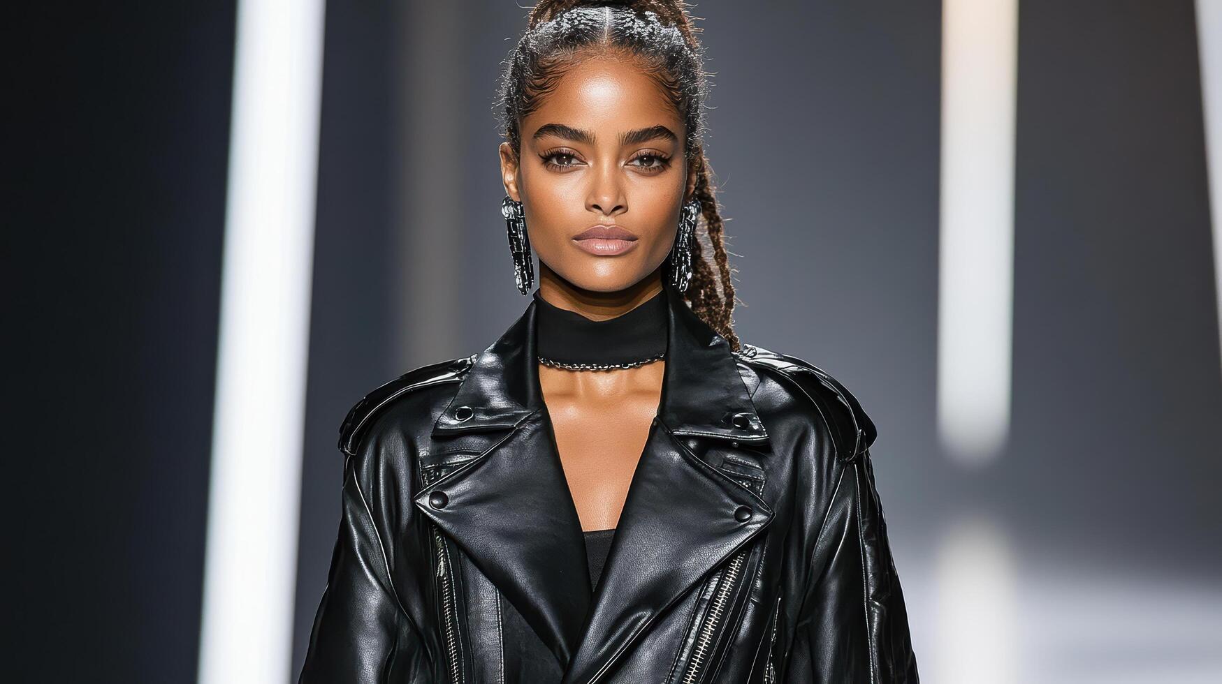 A model walks down the runway wearing a black leather jacket photo