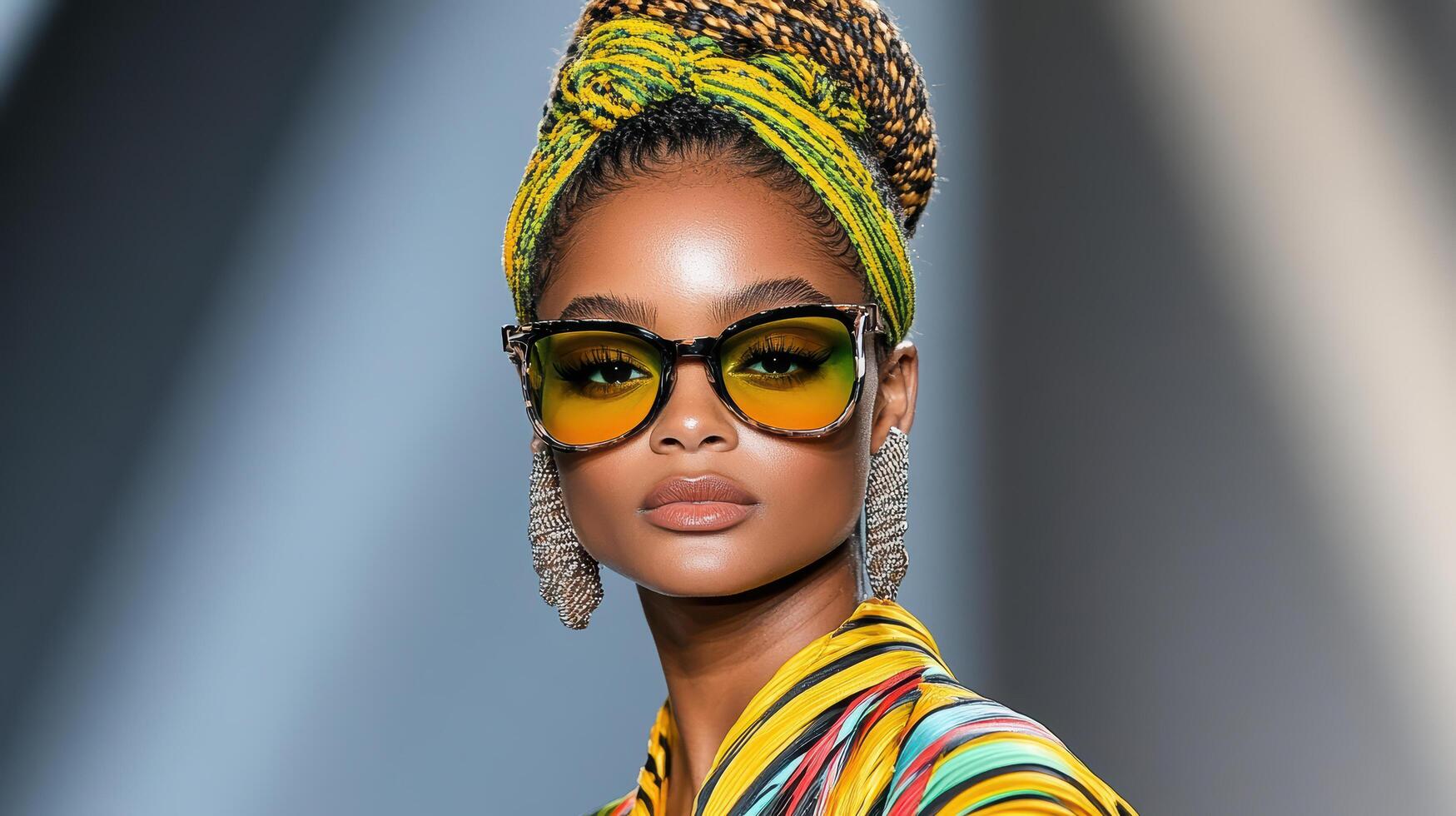 Bold makeup and striking outfit showcase vibrant fashion on runway photo