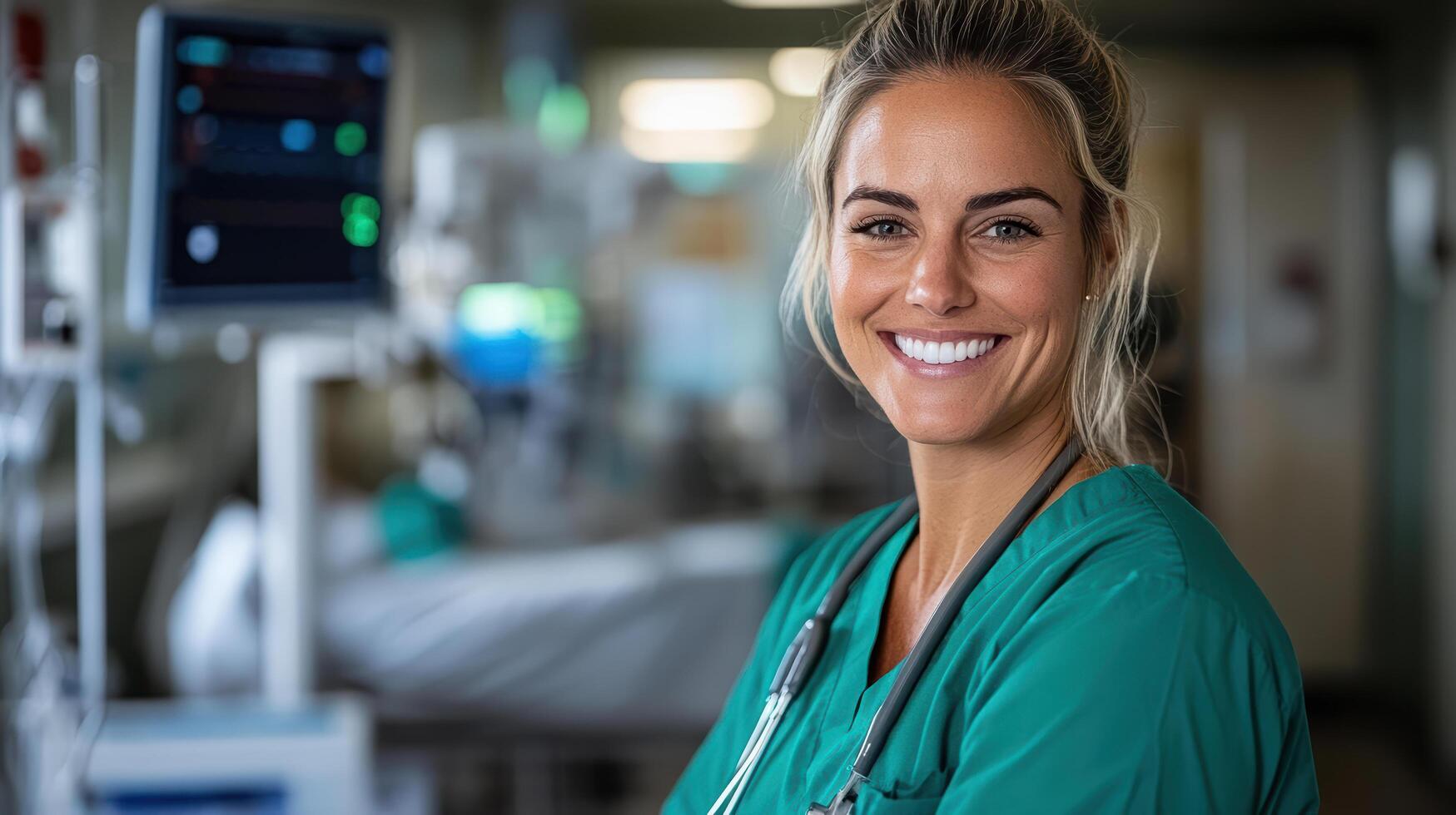nurse smiling confidently in hospital, monitoring patient care photo