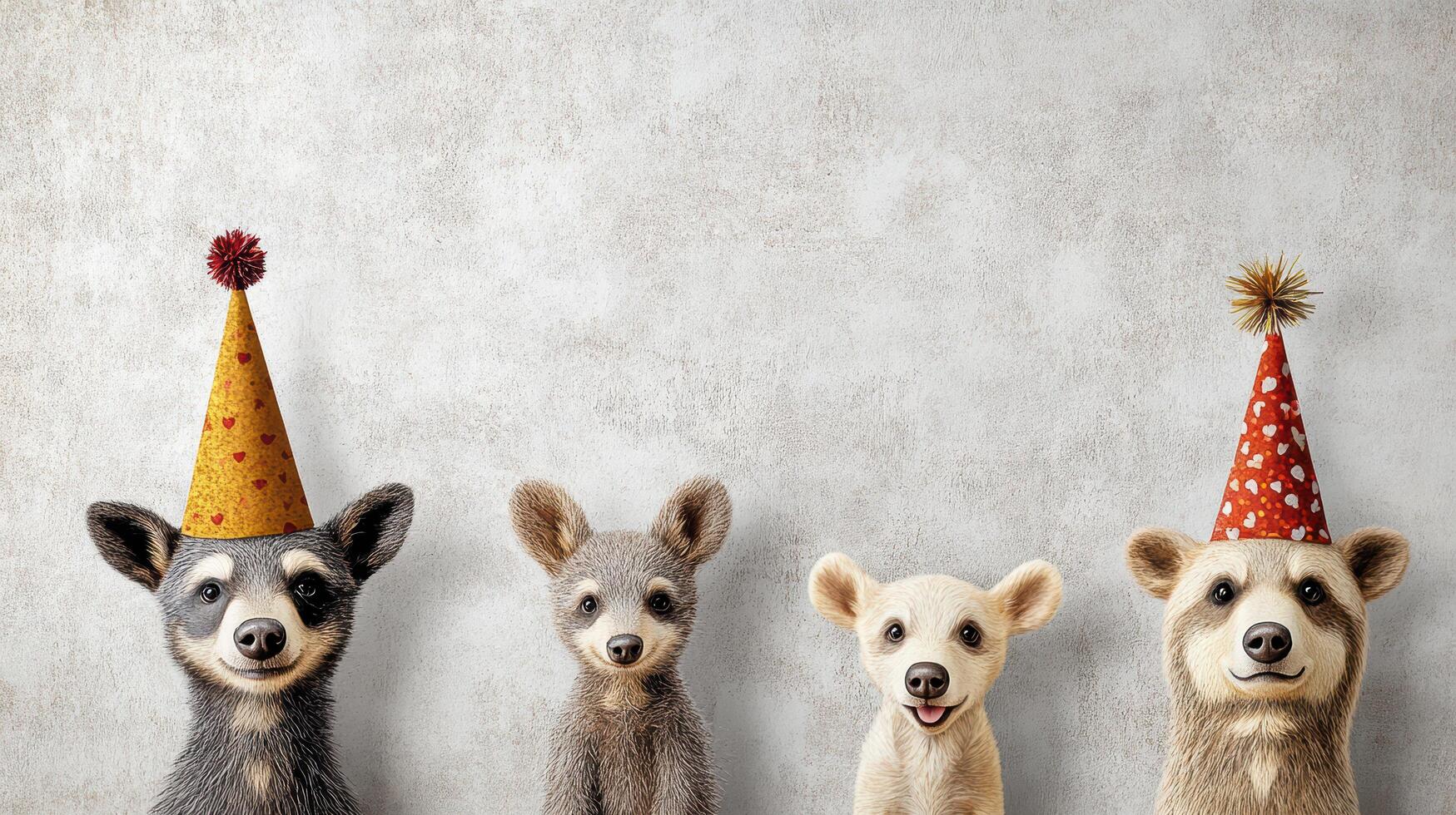 Playful animals wearing party hats celebrate joy and friendship together photo