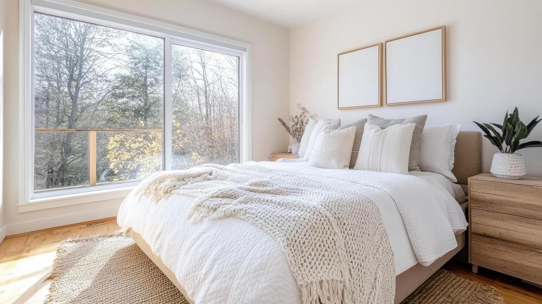 A clean bedroom with a bed, window and a rug photo