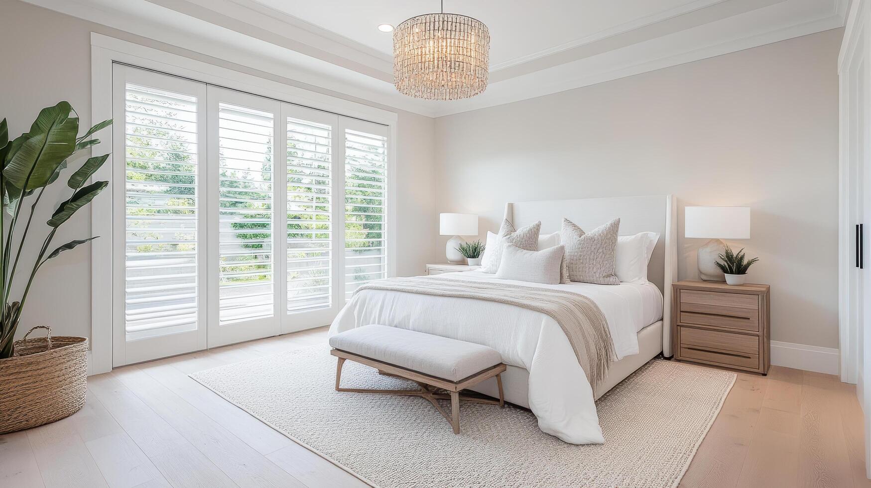 A bedroom with white walls and wooden floors photo