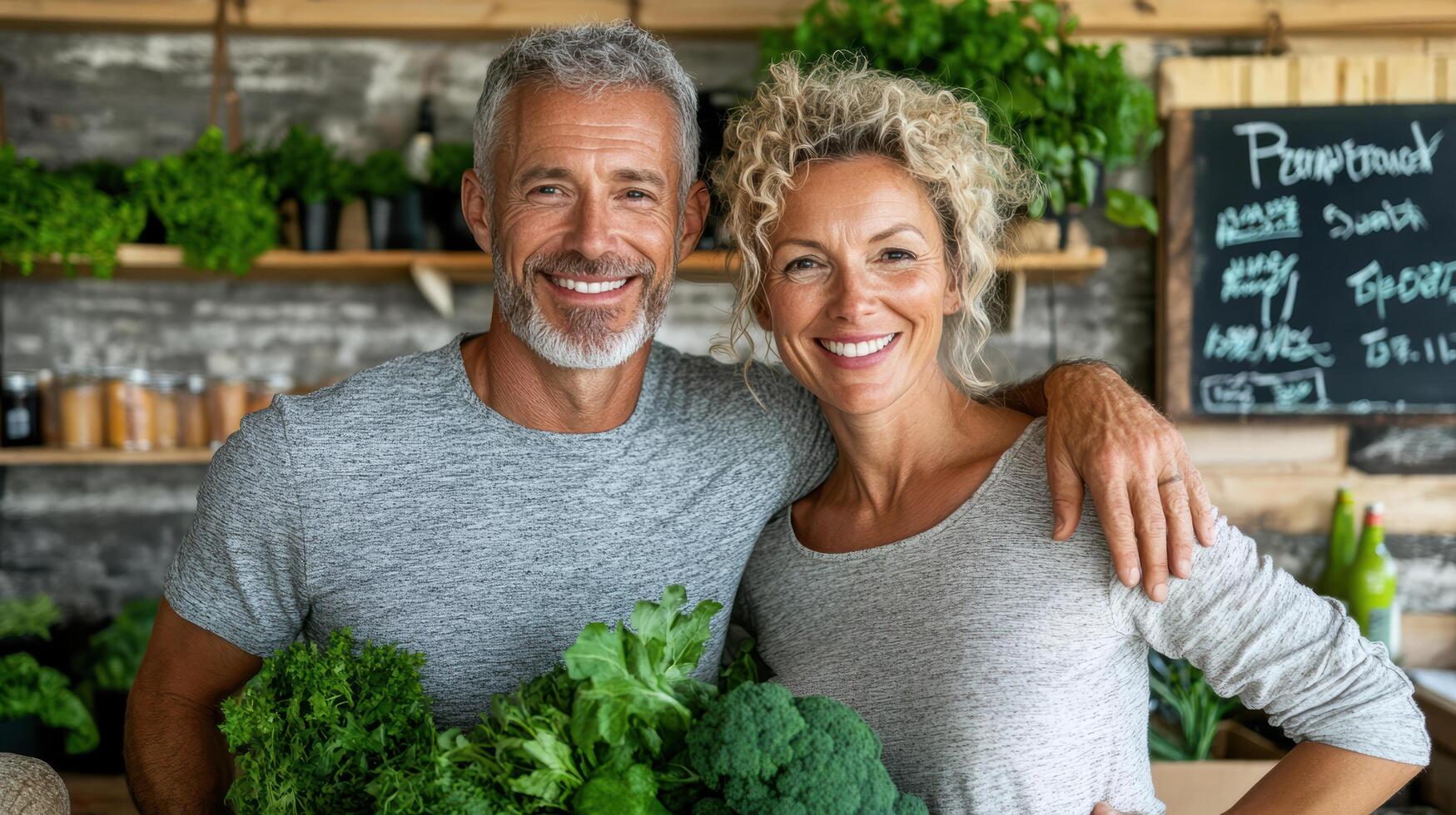 A man and woman are standing in front of a shelf of vegetables photo