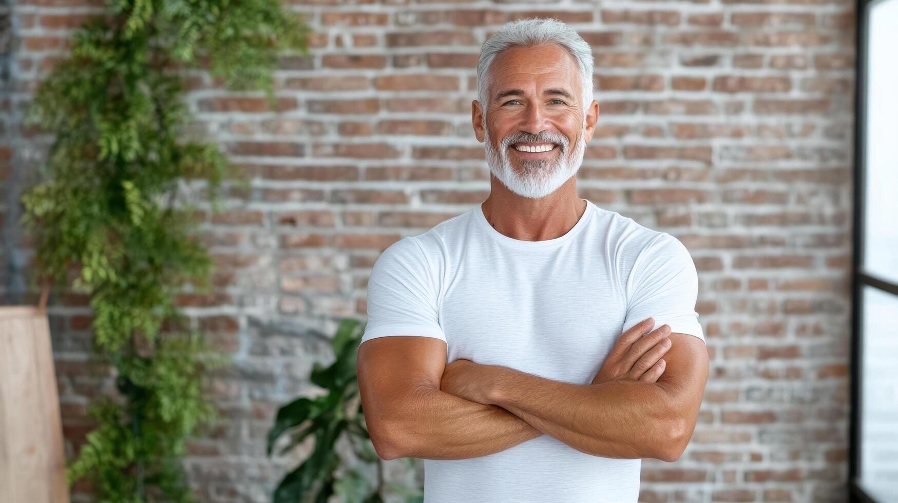 A man with a white beard and a white t - shirt standing in front of a brick wall photo