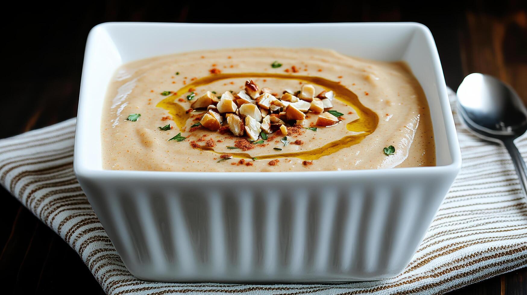 A bowl of soup with nuts and a spoon photo
