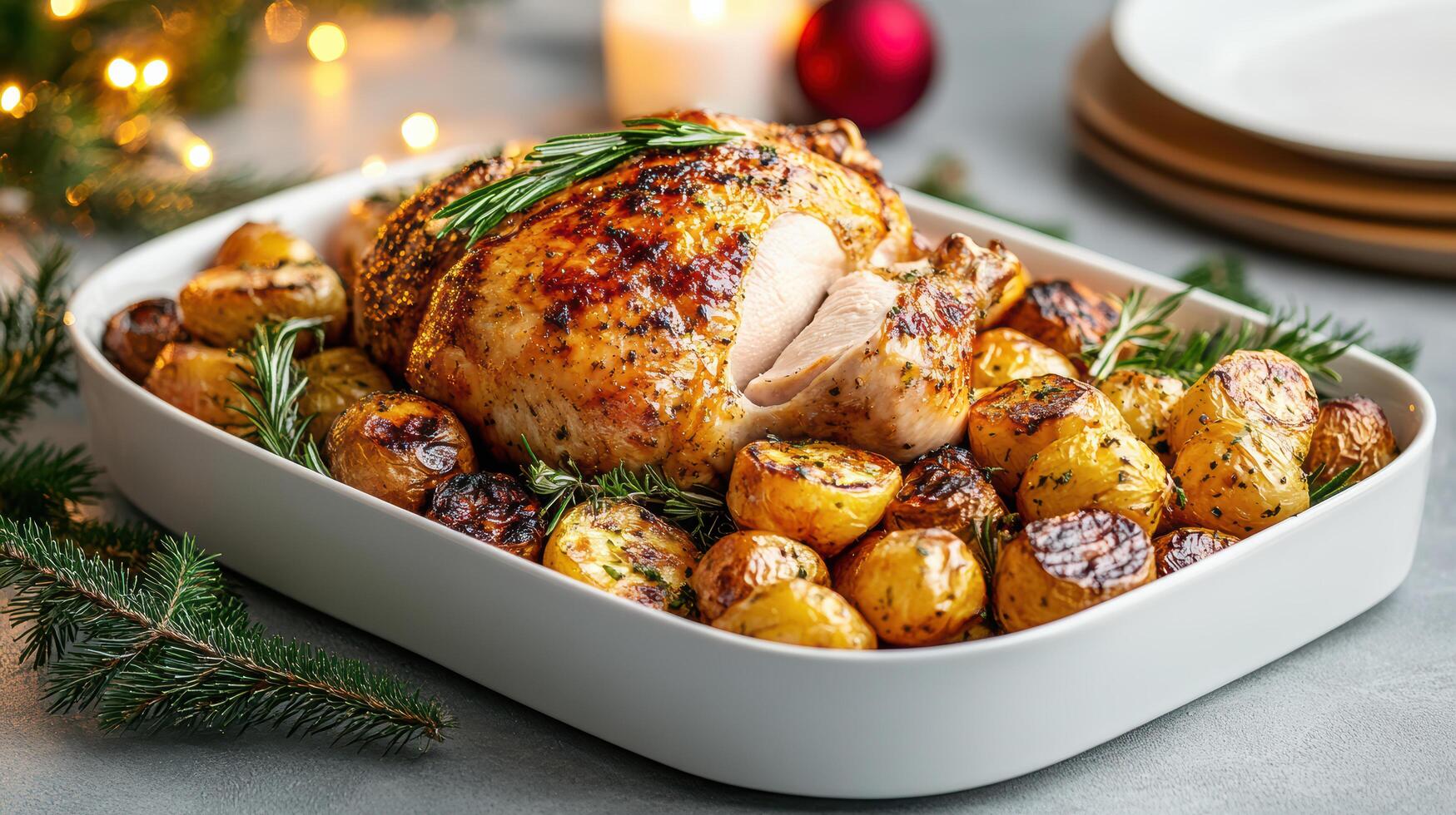 A roasted chicken with potatoes and herbs on a plate photo