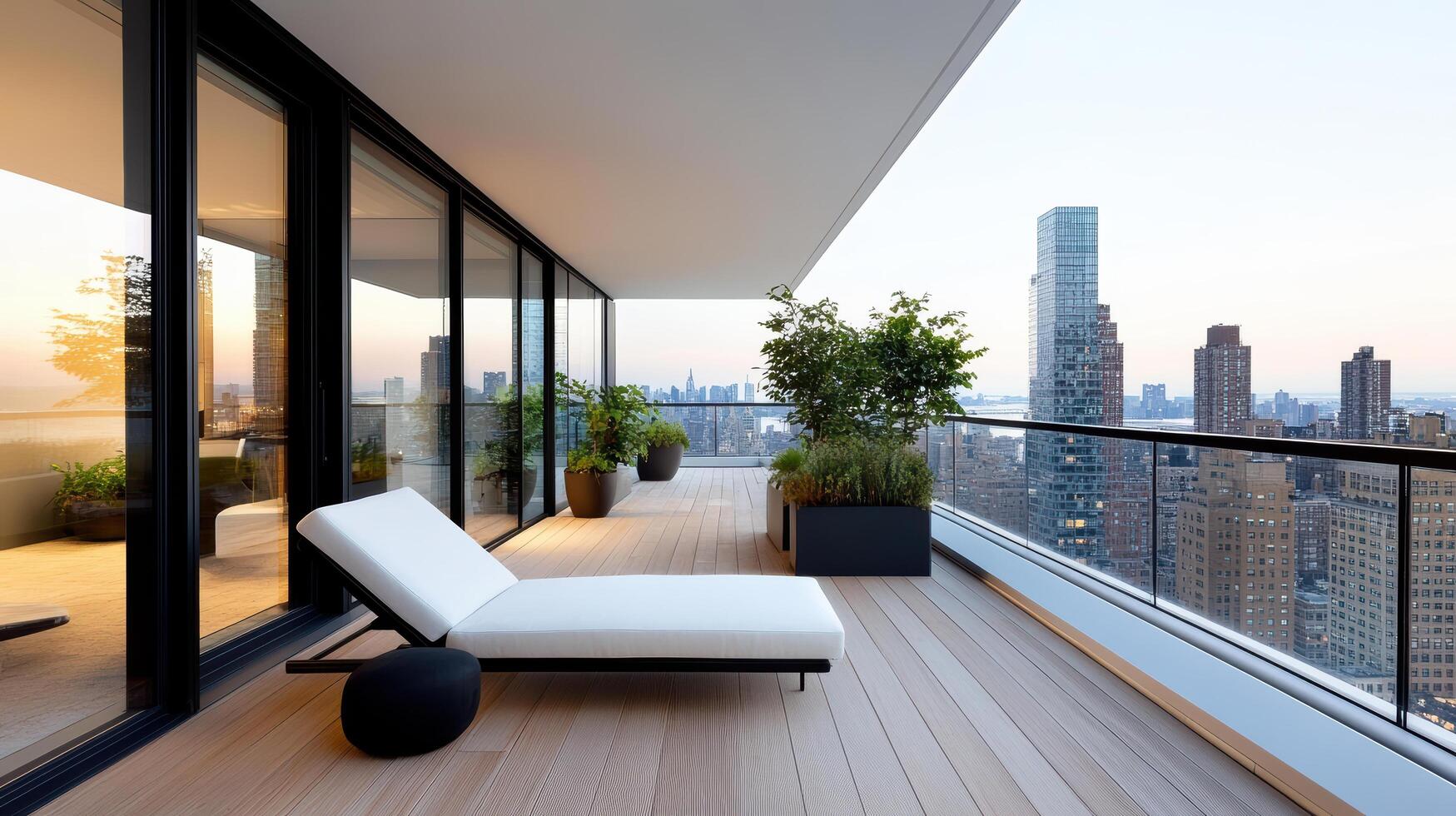 A balcony with a view of the city skyline photo