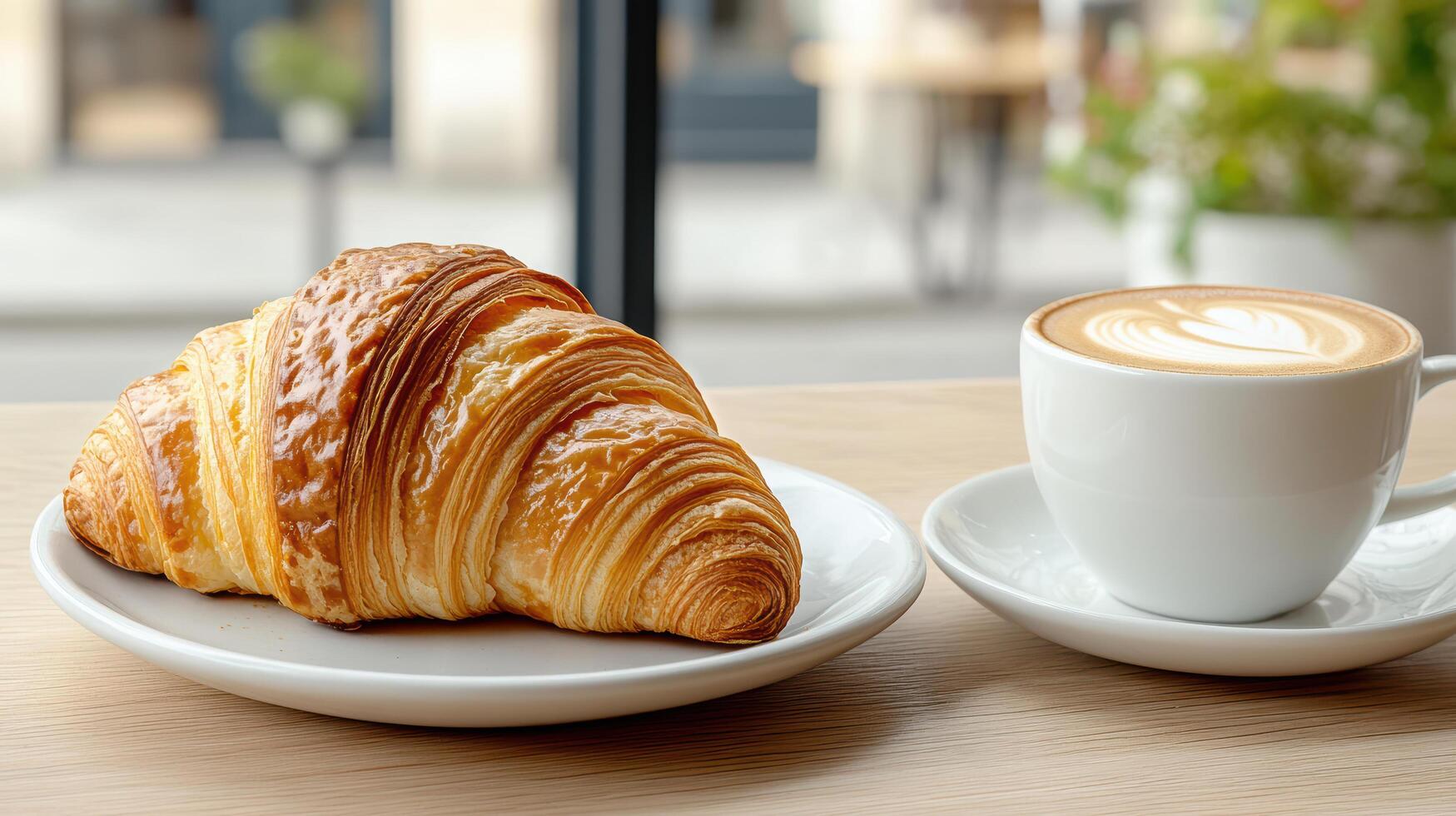 A croissant and a cup of coffee on a table in front of a window photo