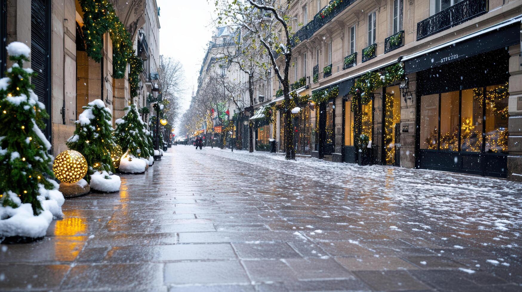 A snowy street lined with christmas trees and decorations photo
