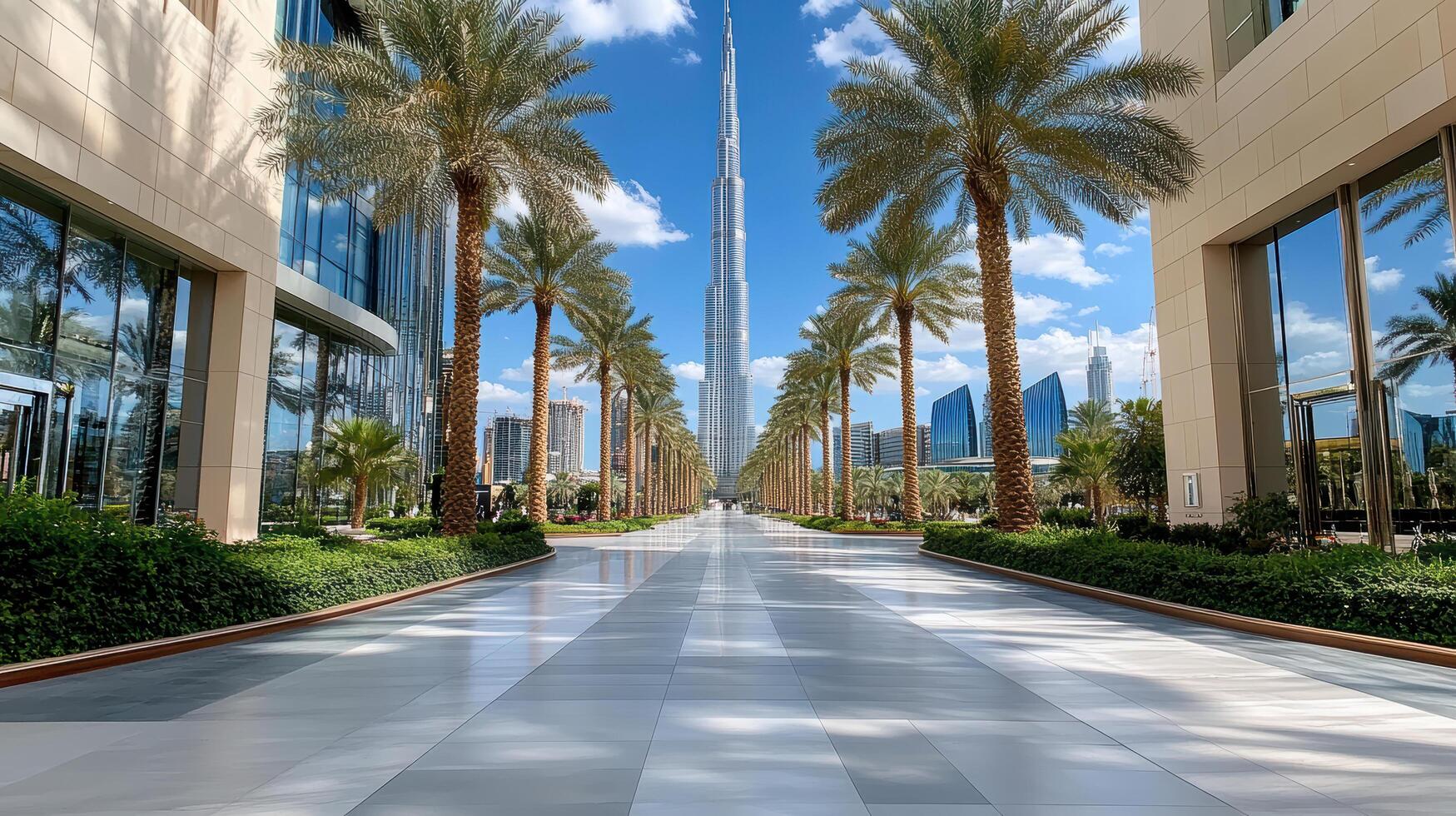 A walkway in front of a tall building with palm trees photo