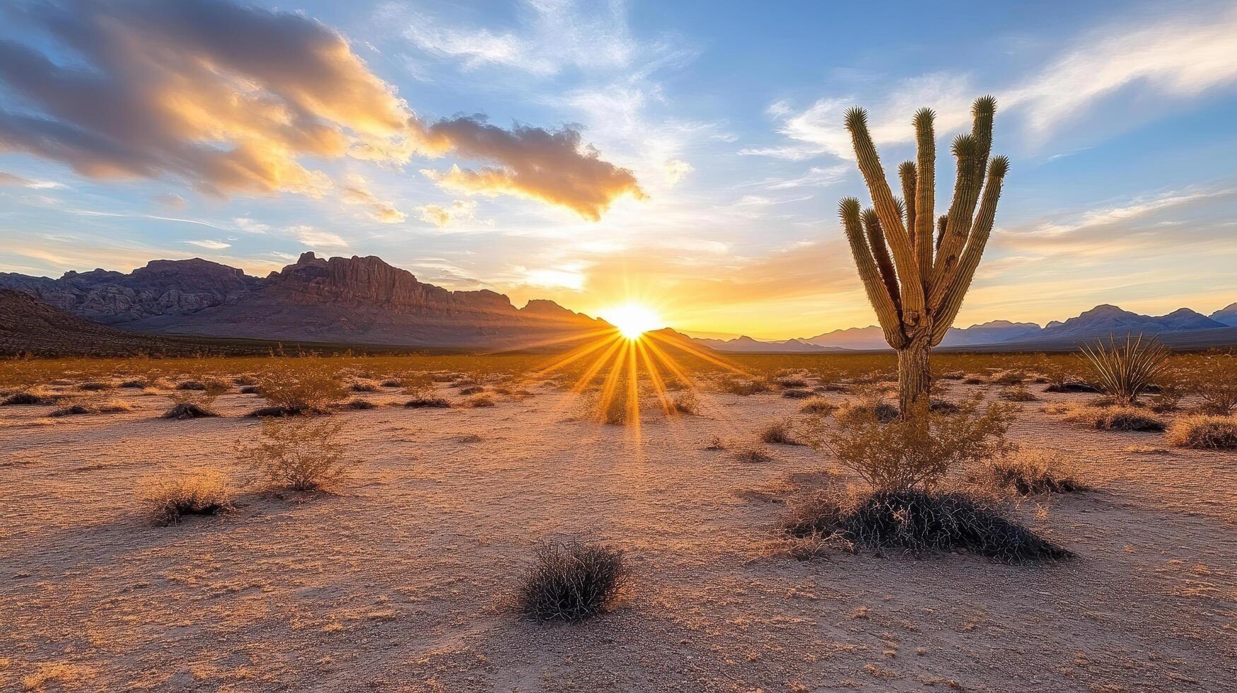 Sunset in the desert with cactus and mountains photo