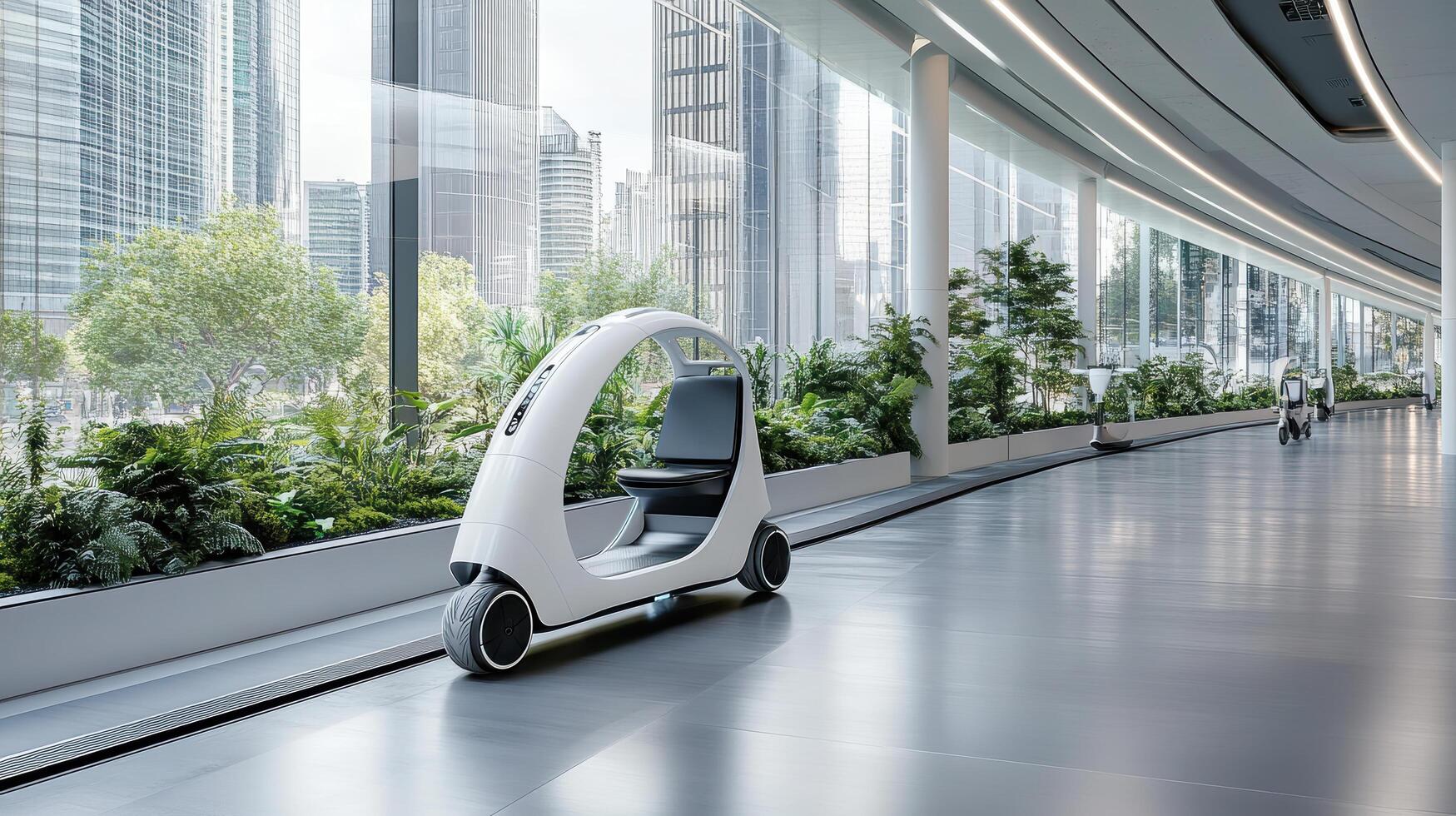 A futuristic electric car is parked in a large building photo