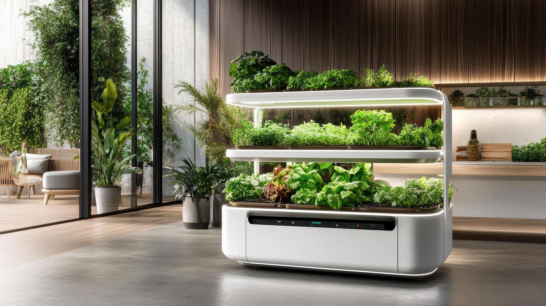 A vertical garden with plants on the shelves photo