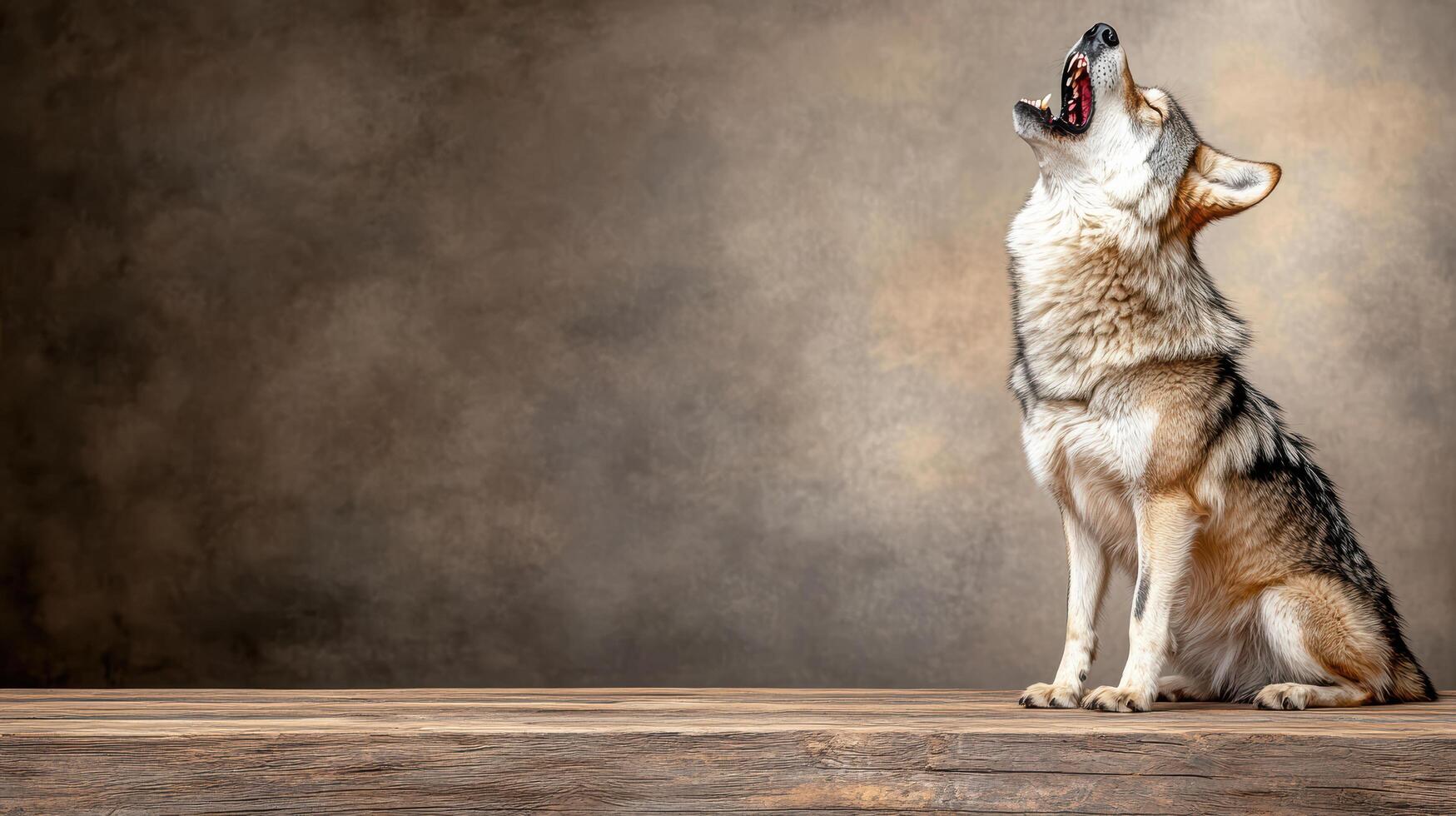 A wolf sitting on a wooden table with its mouth open photo