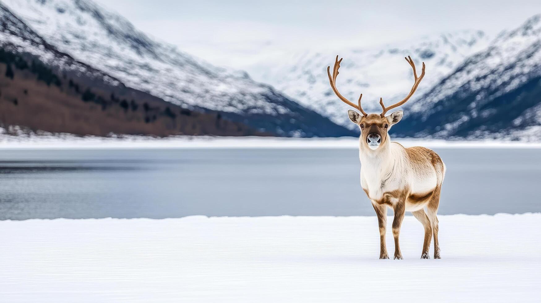 A reindeer stands in the snow near a lake photo